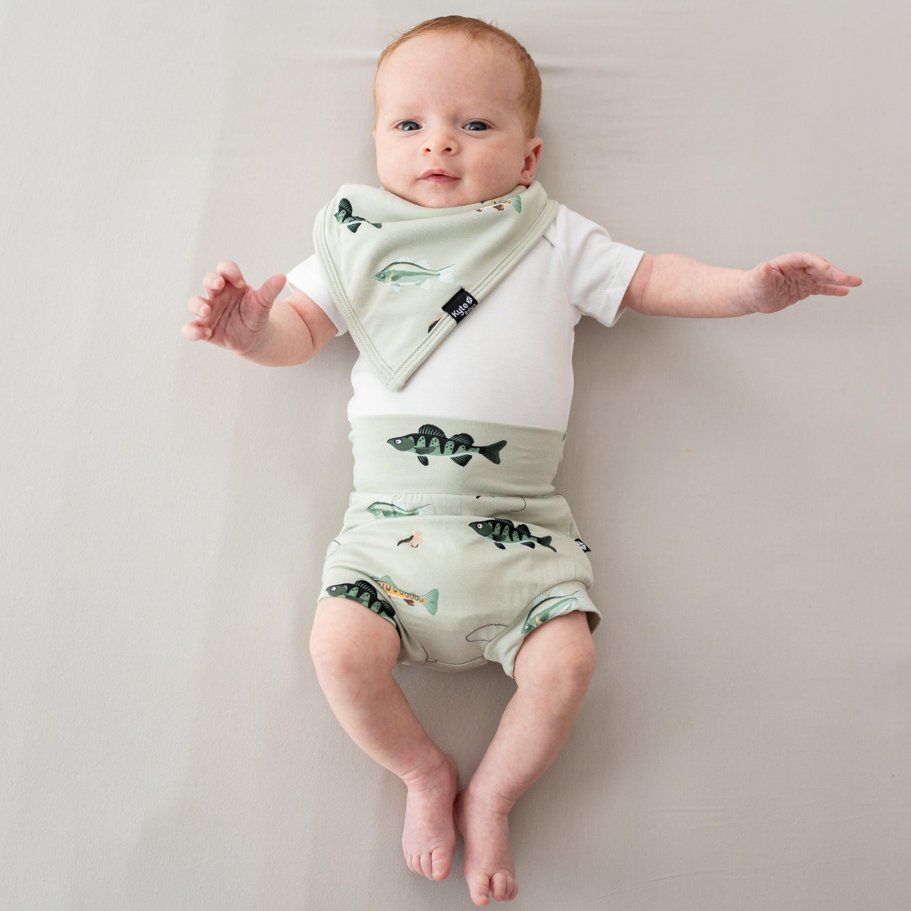 Baby wearing Fishing Bummies with Cloud Bodysuit and Fishing Bib