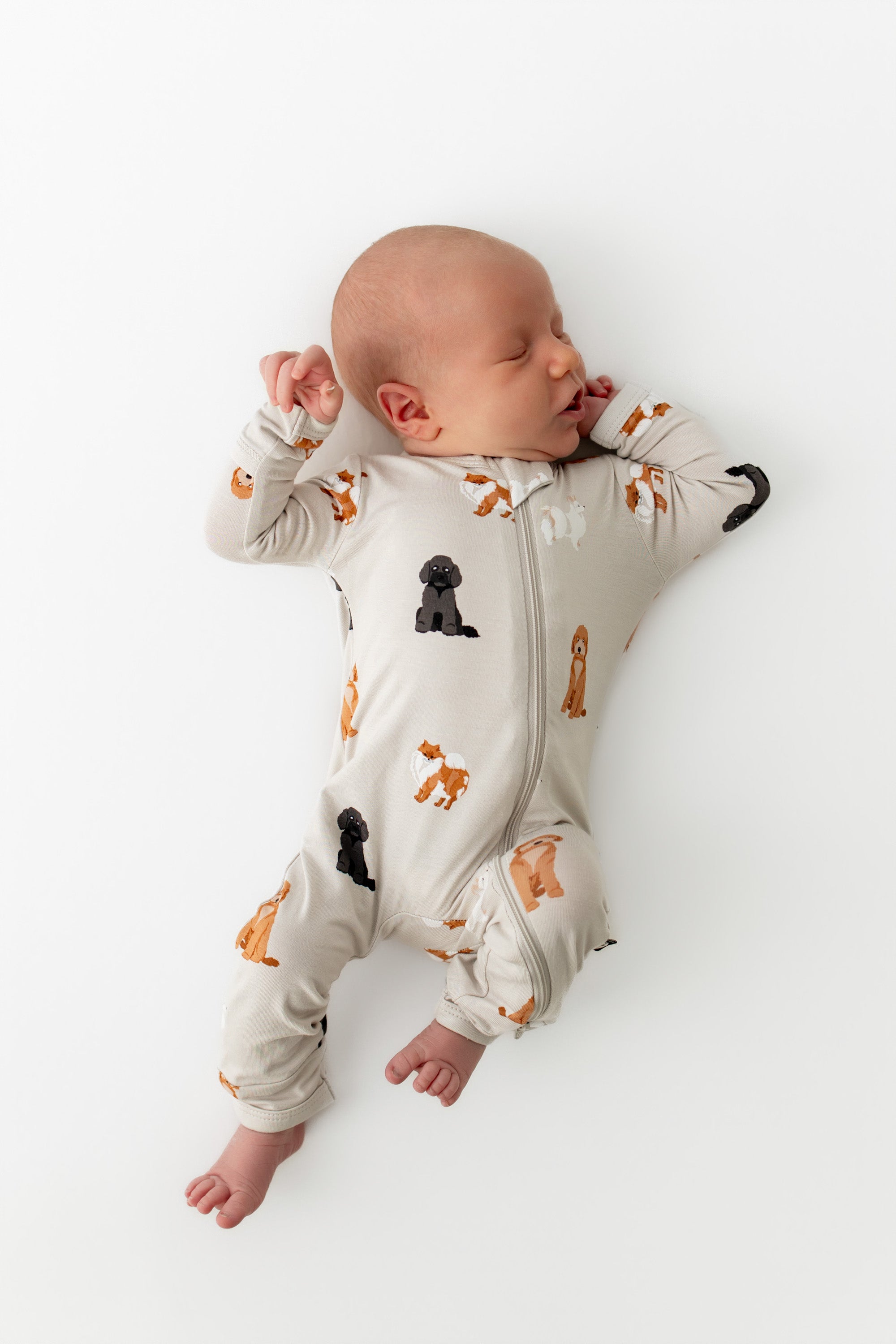 Baby wearing a onesie with dog prints on a white background