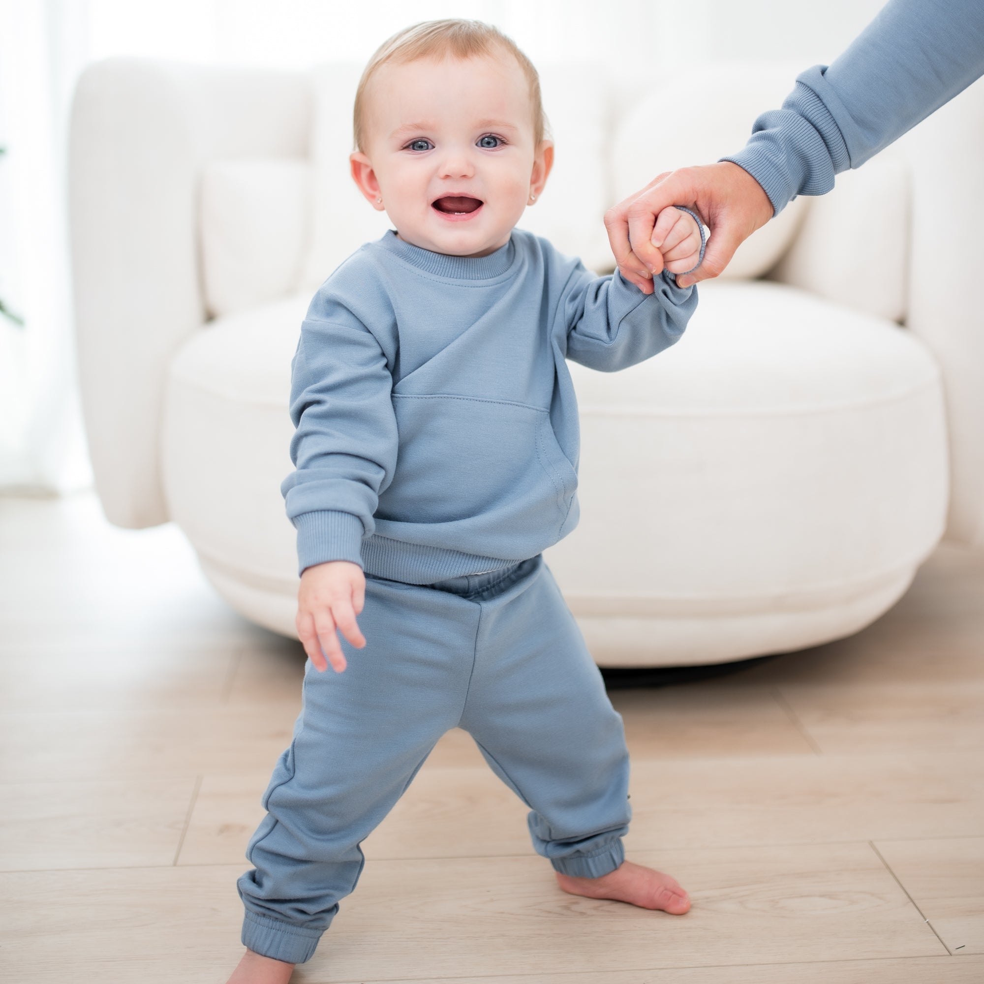 Young toddler standing wearing the French Terry Jogger Set in Slate