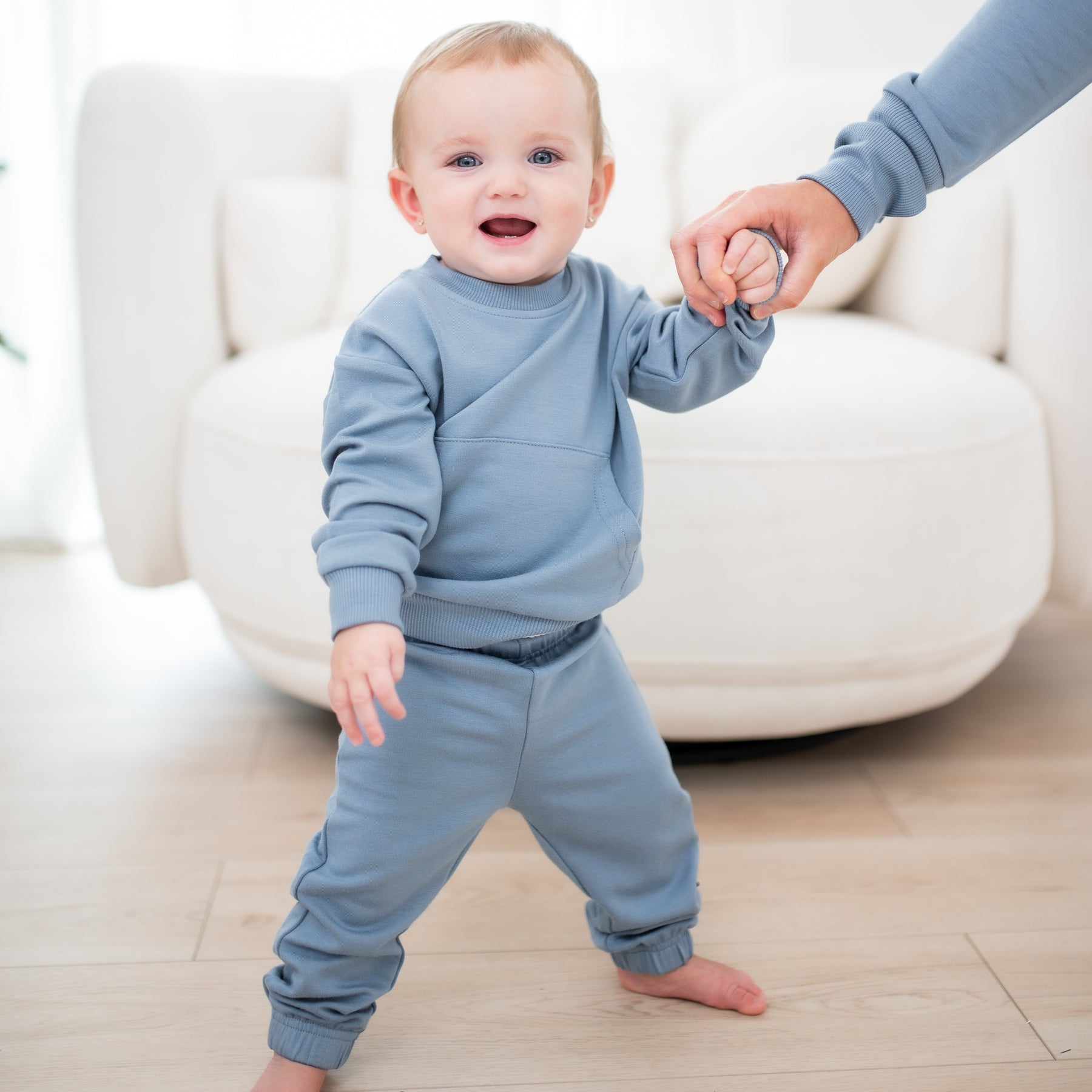 Young toddler standing wearing the French Terry Jogger Set in Slate