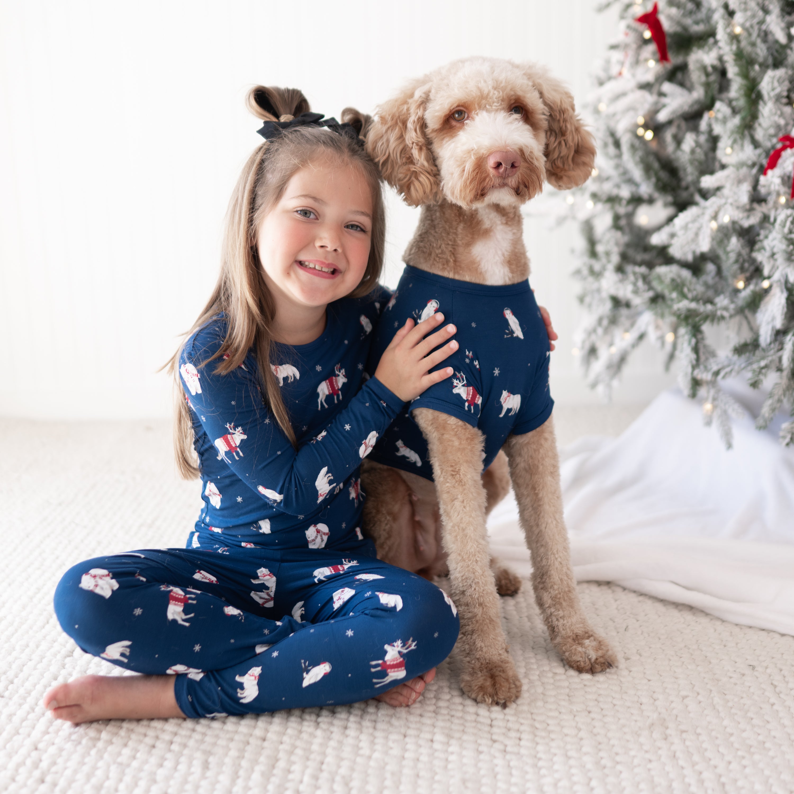 Young girl wearing the Long Sleeve Toddler pajamas in Frosty Friends sitting on the floor beside her dog who is wearing the Dog Tee in Frosty Friends