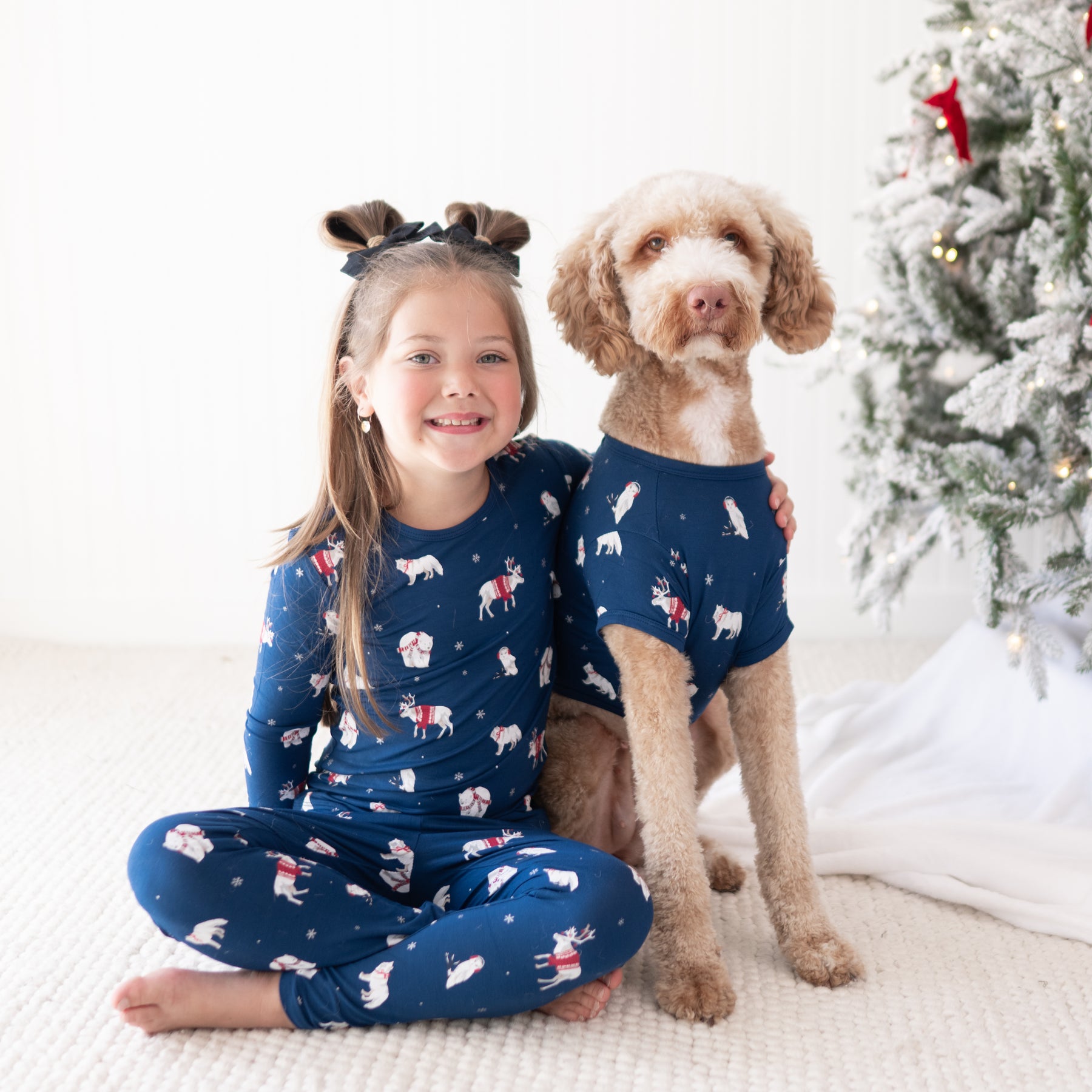 Young girl sitting on the floor wearing the Long Sleeve Pajamas in Frosty Friends beside her dog who is wearing a matching dog tee