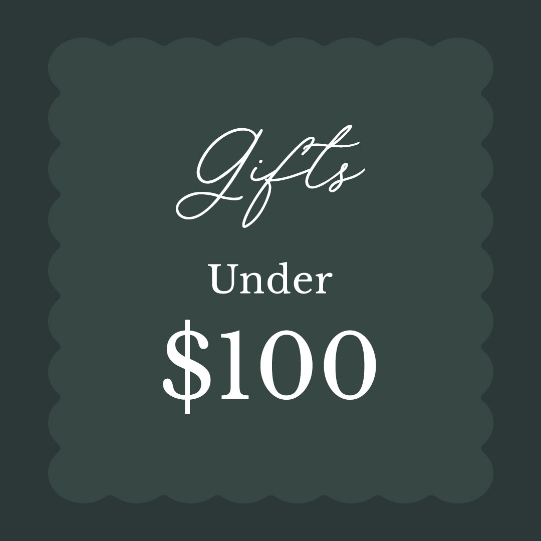 A square gift card design with scalloped edges on a dark green background, featuring the text 'Gifts Under $100' in white lettering.