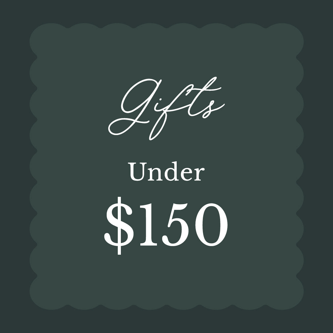 A square gift card style graphic with scalloped edges on a dark green background, featuring white text that reads 'Gifts Under $150'.