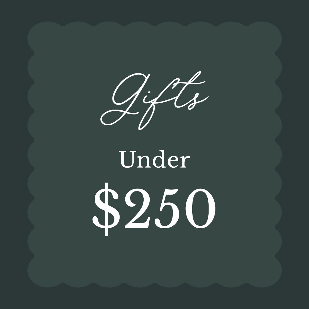 A square gift card style graphic with a dark green background and scalloped edges, featuring white text that reads 'Gifts Under $250'.