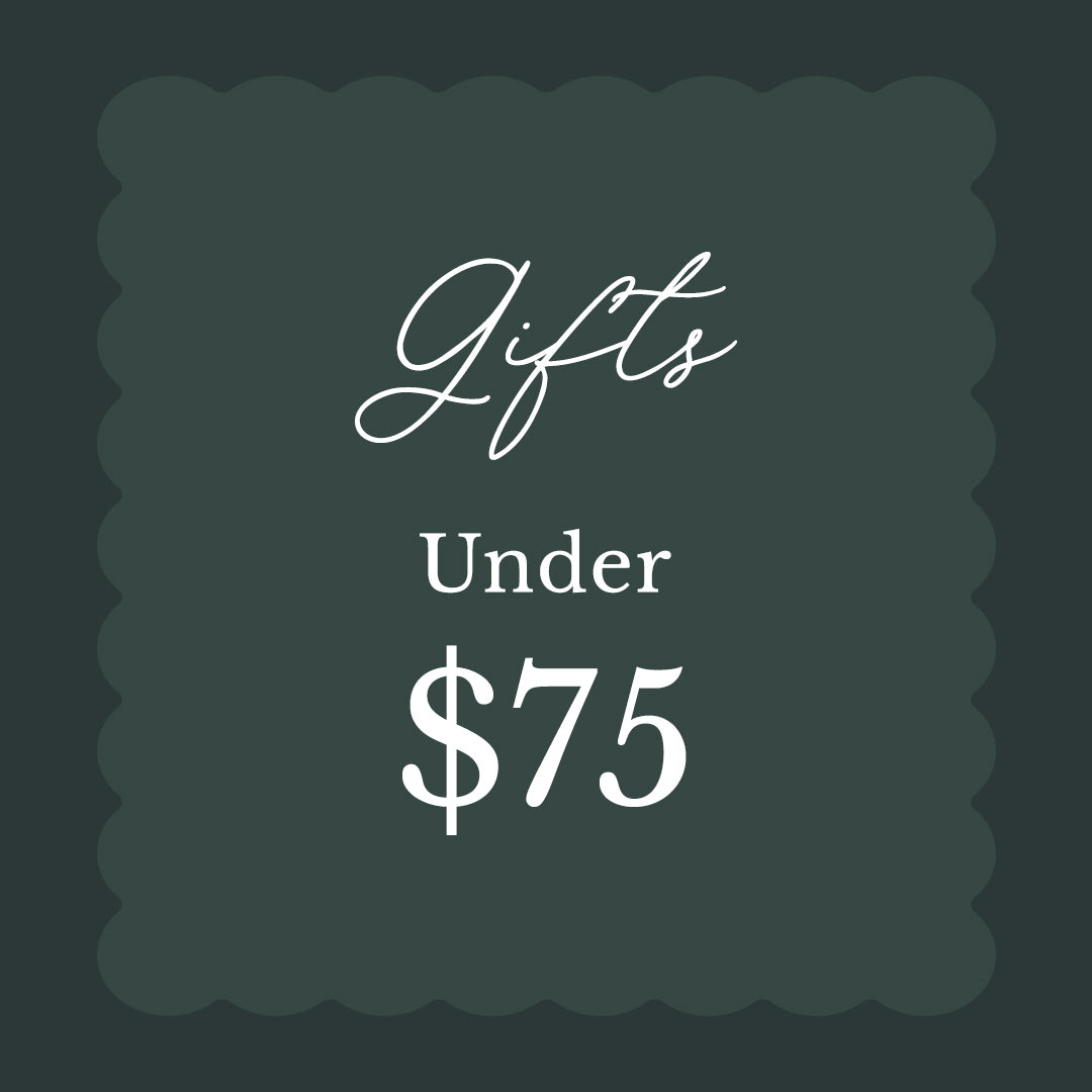 A square promotional graphic with a dark teal-green background and scalloped edges, featuring white text that reads 'Gifts Under $75'.