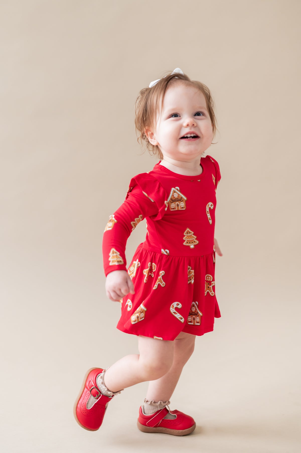 Long Sleeve Twirl Bodysuit Dress in Gingerbread