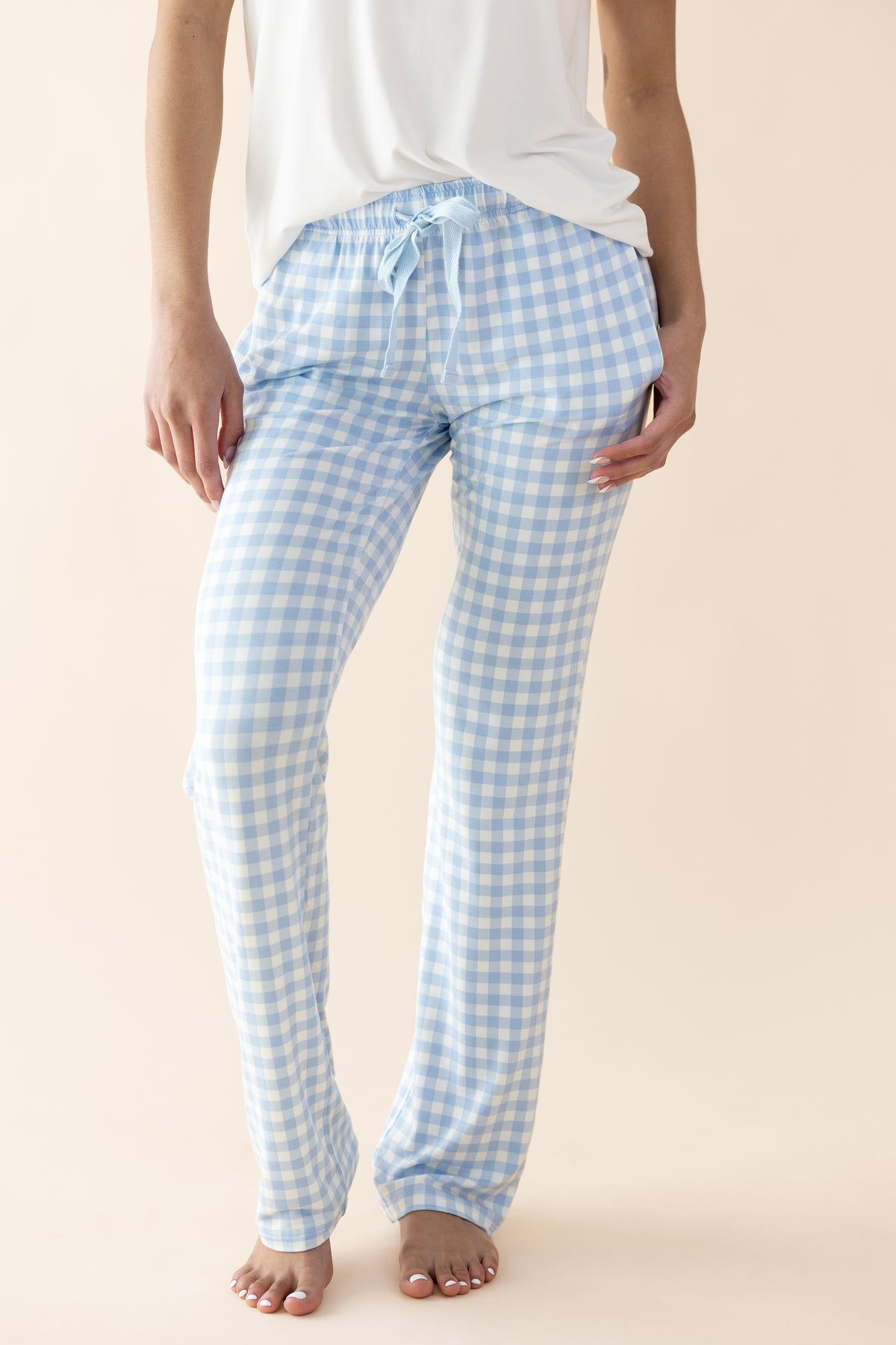 Women's Lounge Pants in Gingham Breeze shown on a female model