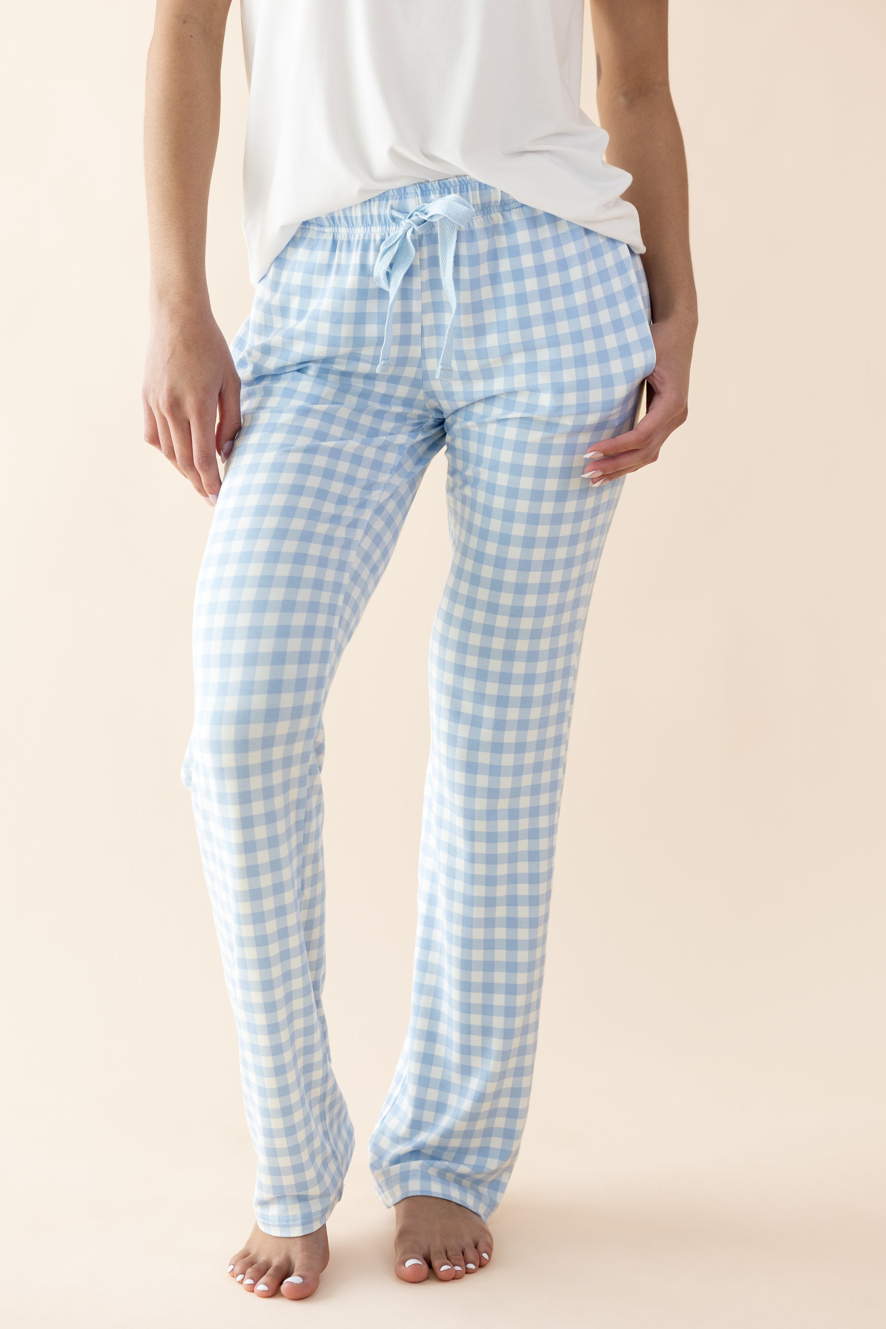 Women's Lounge Pants in Gingham Breeze shown on a female model