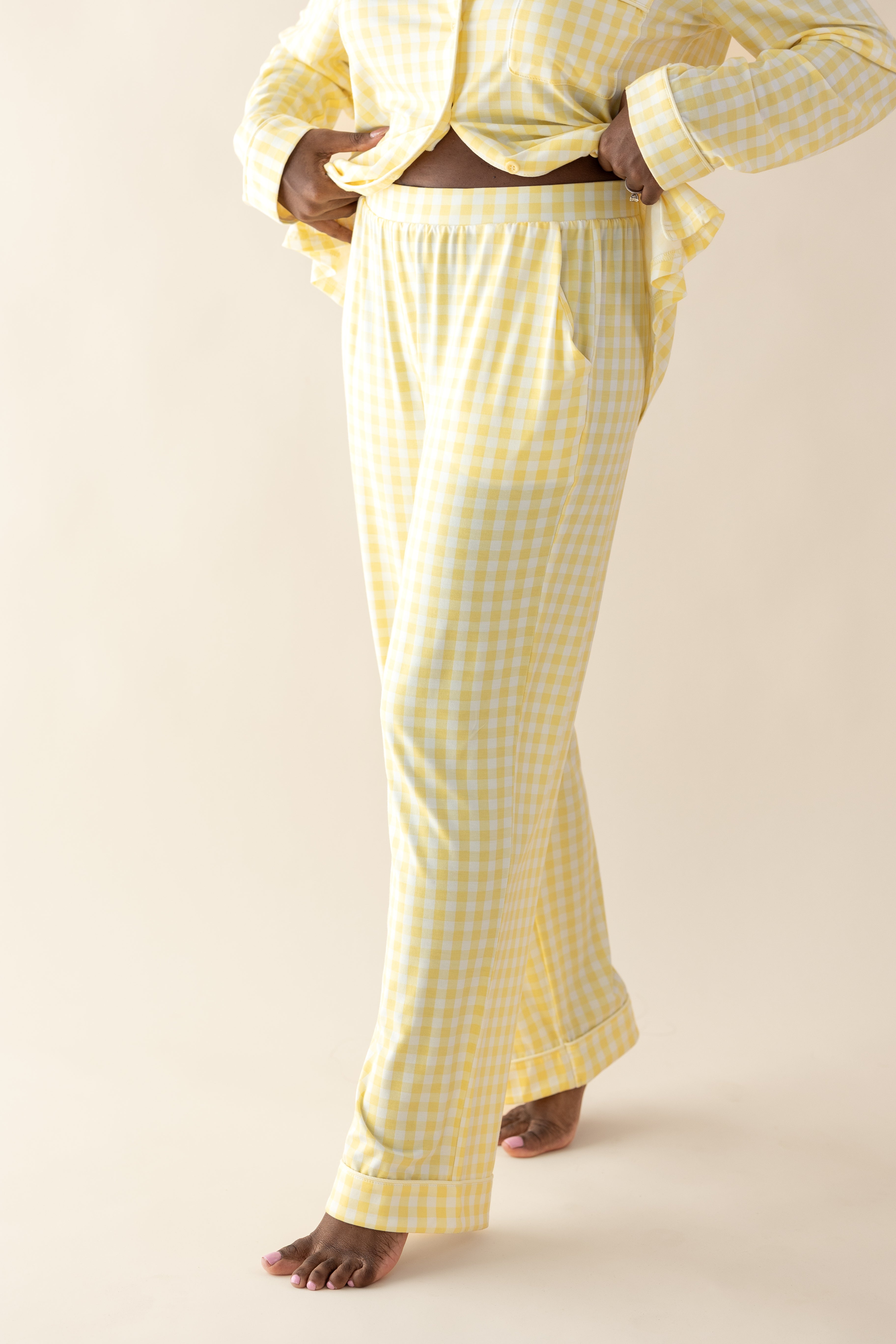 Close up of the pants and smooth waistband on the Long-Sleeved Women's Pajama Set in Gingham Chamomile