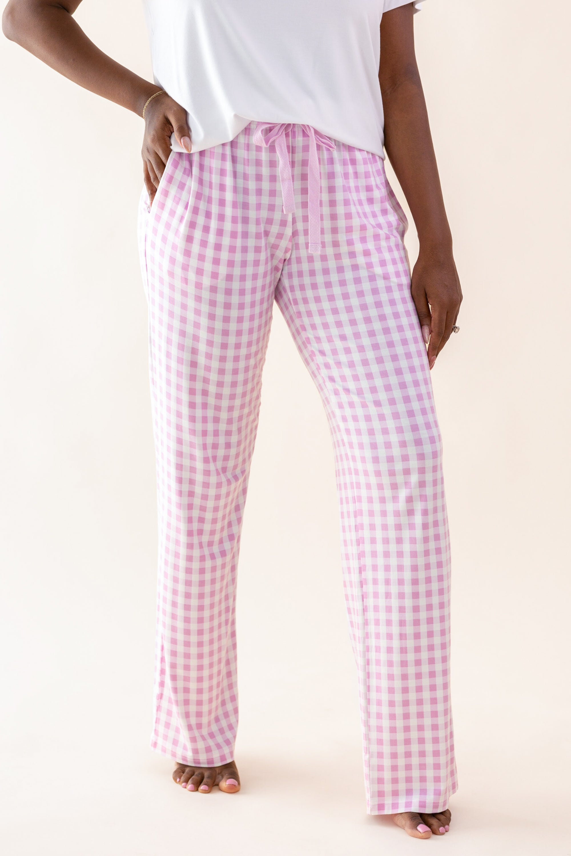 Women's Lounge Pants in Gingham Thistle with the tie drawstring shown on a female model