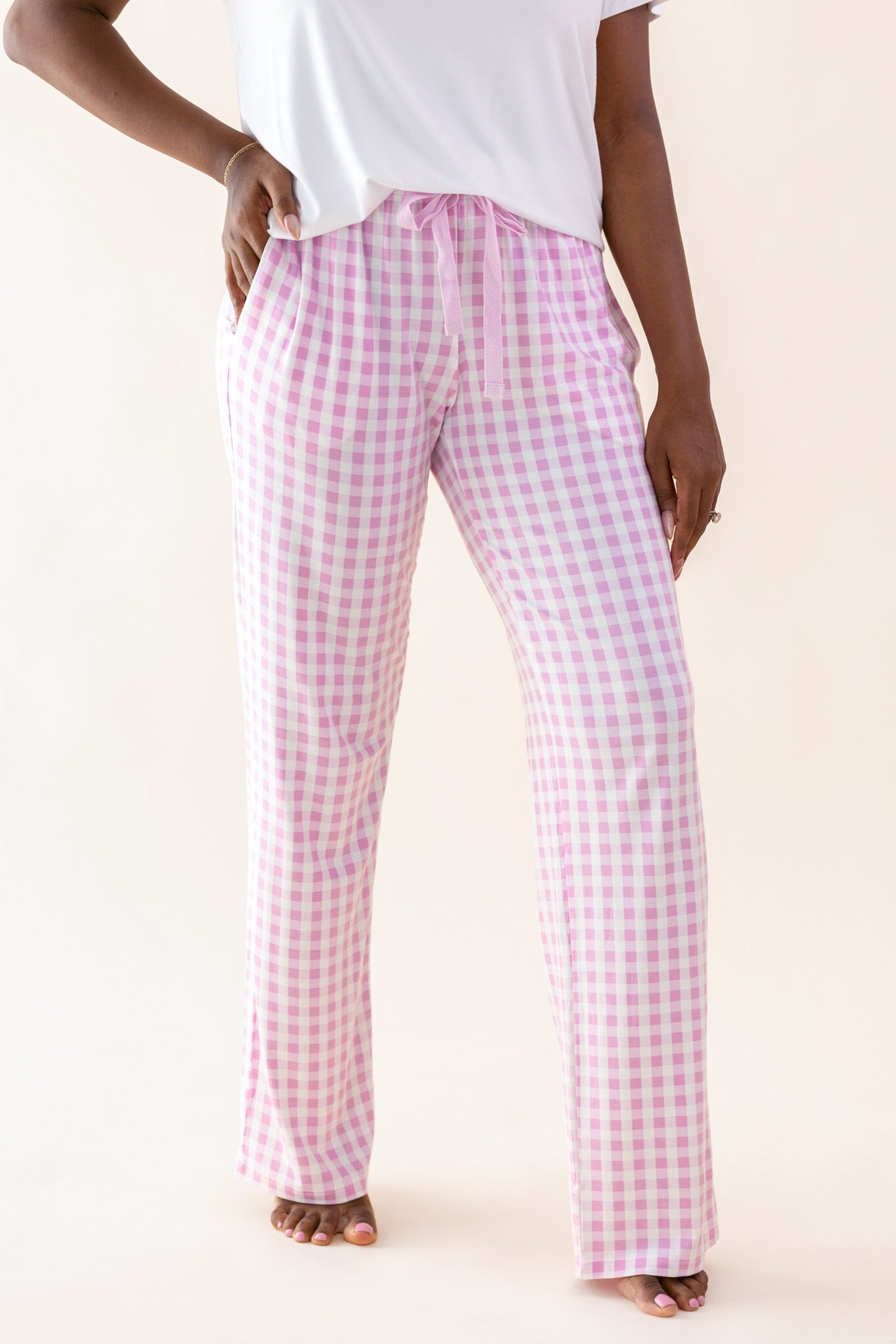 Women's Lounge Pants in Gingham Thistle with the tie drawstring shown on a female model