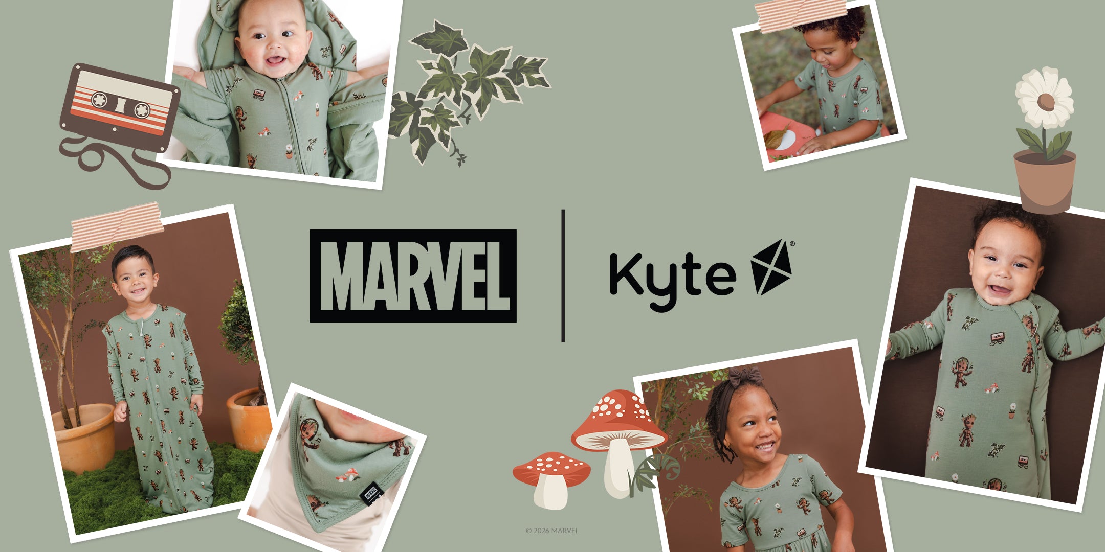 A promotional collage for Kyte showing multiple photos of a baby wearing a sage green knit outfit with small red and yellow illustrated Groot motifs. The central area features the logos 'MARVEL' and 'Kyte' on a muted green background, with decorative props including a cassette tape, leaves, mushrooms, and a flower.
