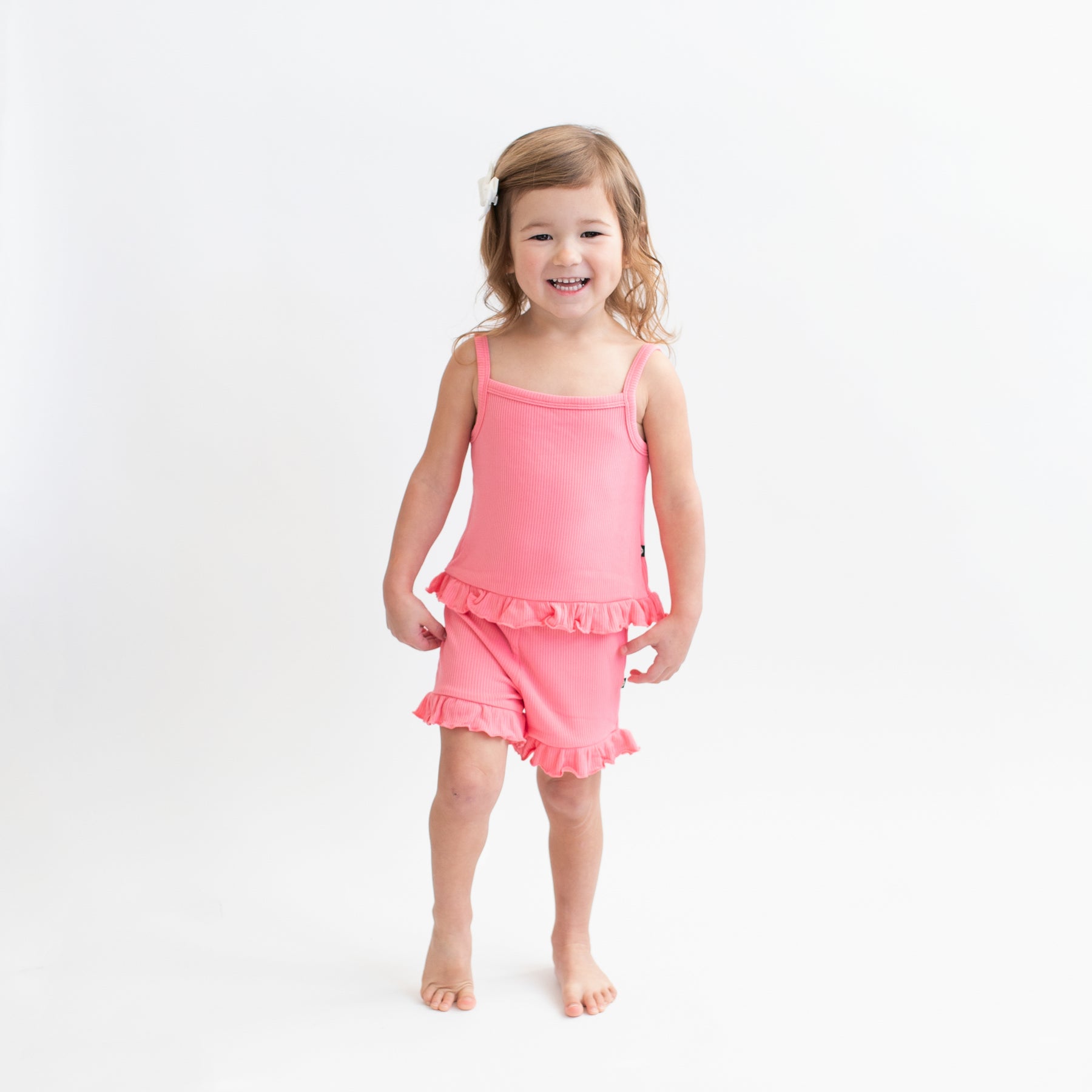 Ribbed Ruffle Tank Set in Guava