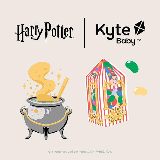 Collaboration between Harry Potter and Kyte Baby on a product packaging with a cauldron and candy jar illustration.