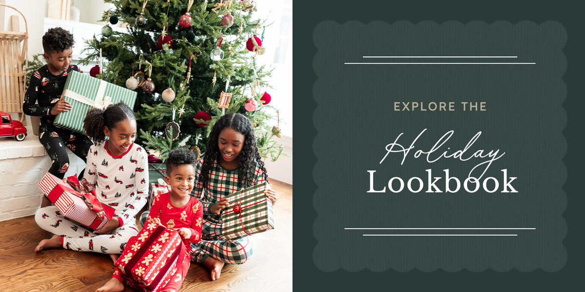 Explore the holiday lookbook text with a photo of children in christmas pajamas