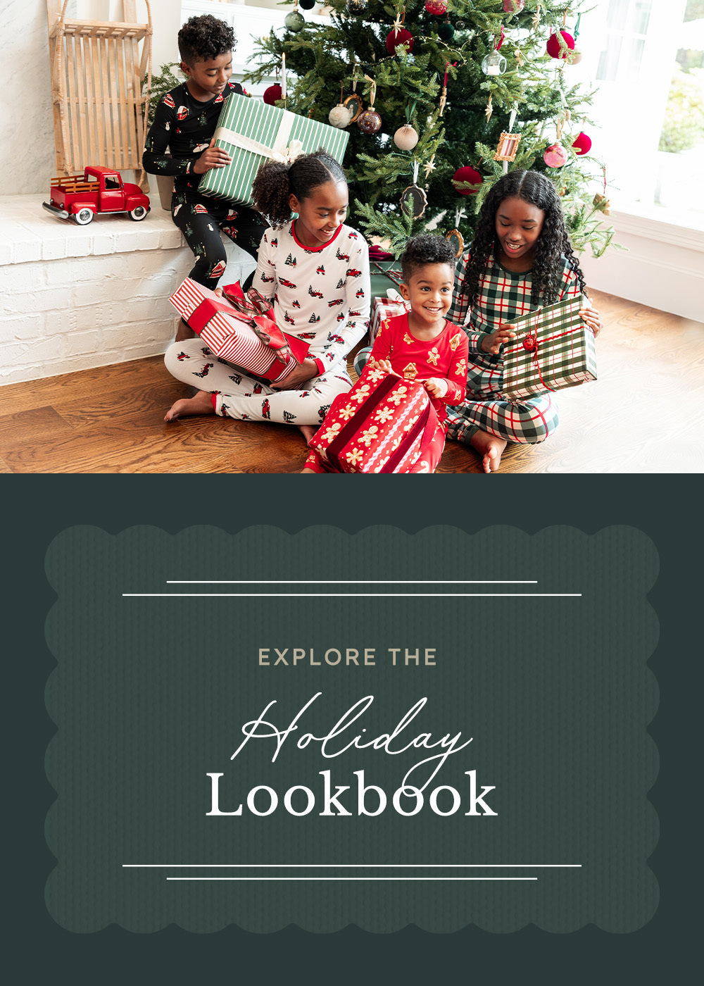 Explore the holiday lookbook text with a photo of children in christmas pajamas