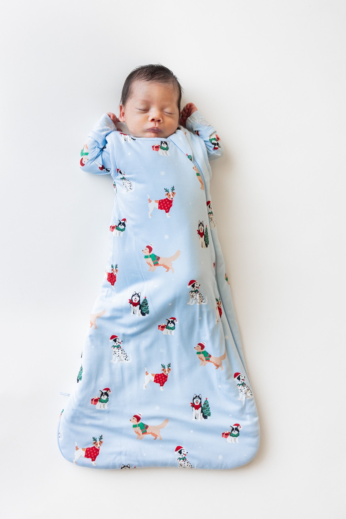 A sleeping newborn baby wrapped in a light blue baby wearable blanket with a festive Christmas print of dogs