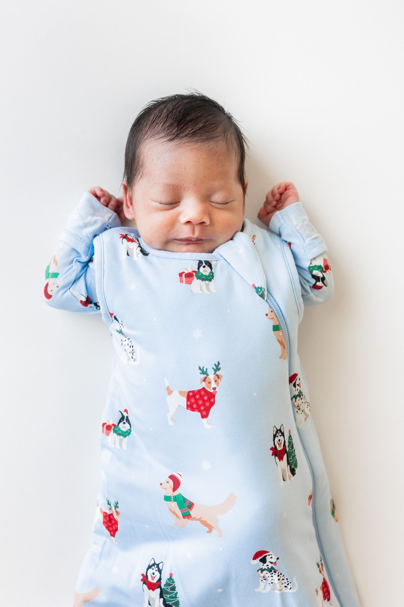 A sleeping newborn baby wearing a light blue long-sleeve sleep sack with a festive dog pattern, lying on a plain white background.