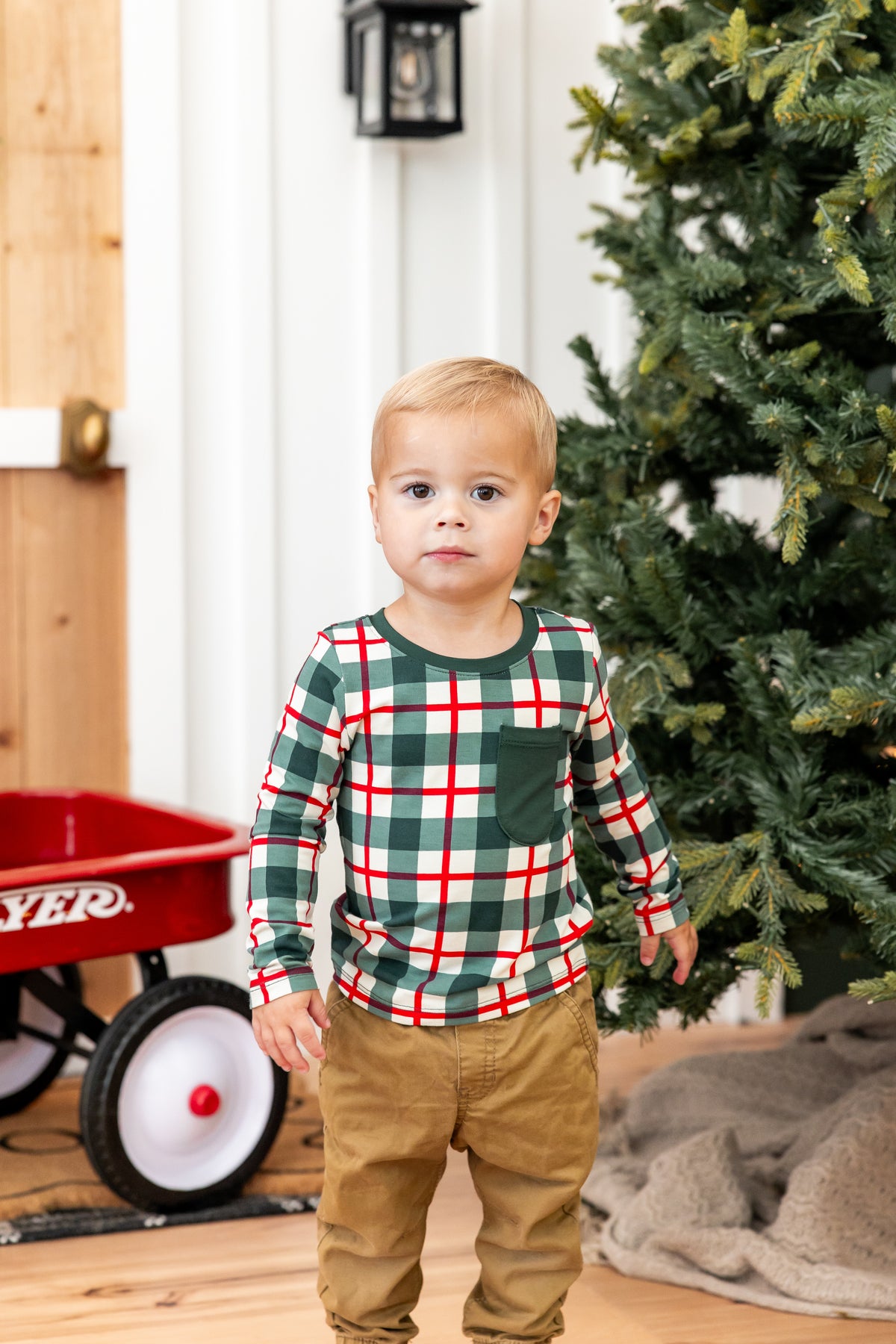 Long Sleeve Toddler Crew Neck Tee in Holiday Plaid