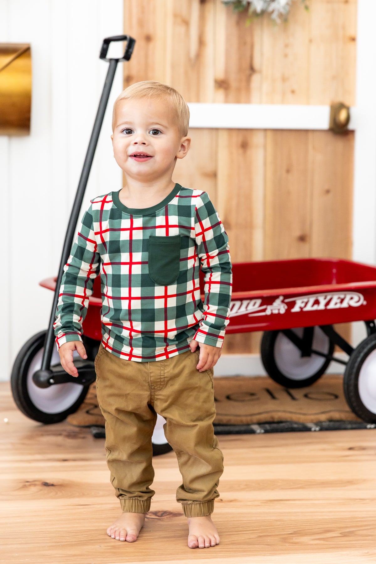 Long Sleeve Toddler Crew Neck Tee in Holiday Plaid