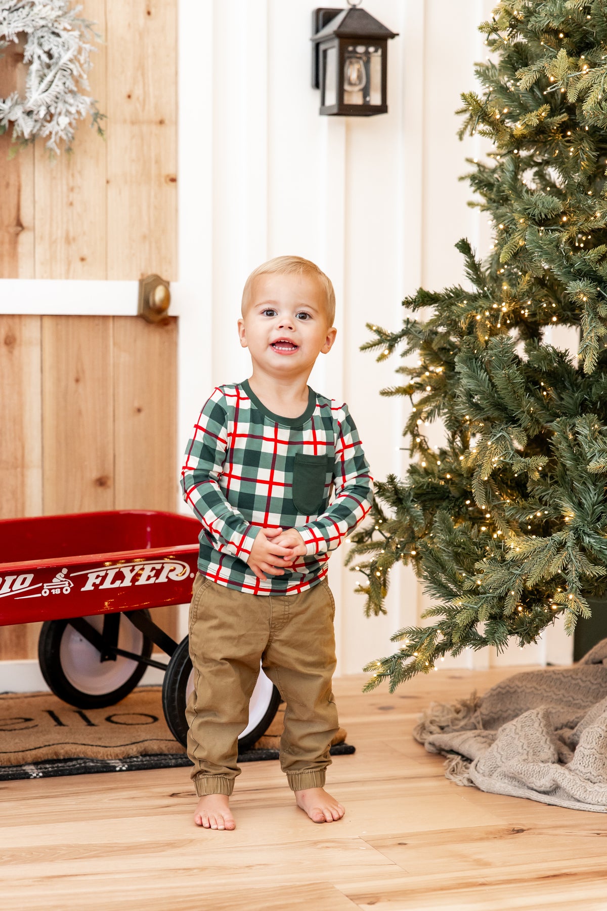Long Sleeve Toddler Crew Neck Tee in Holiday Plaid