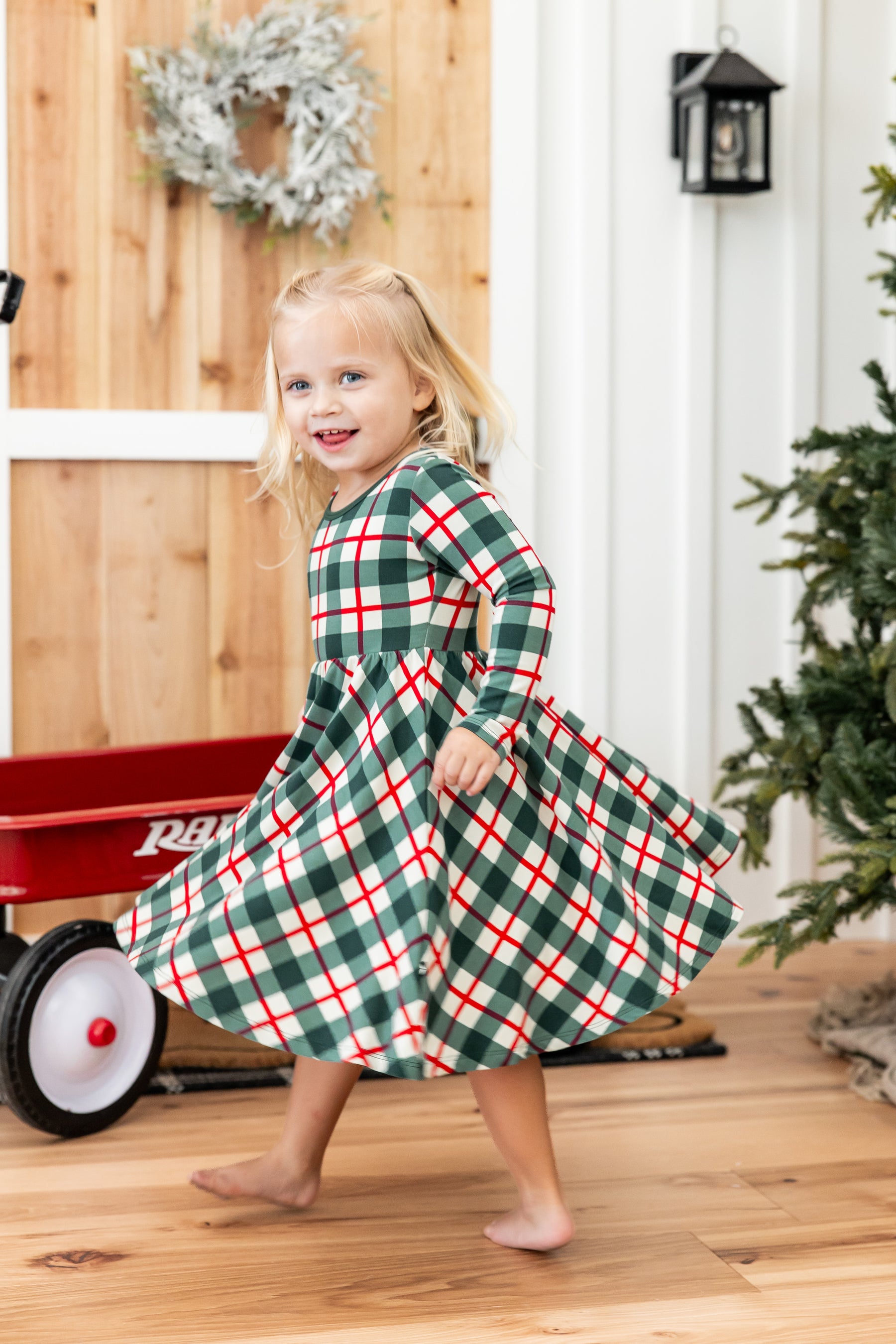 Long Sleeve Twirl Dress in Holiday Plaid