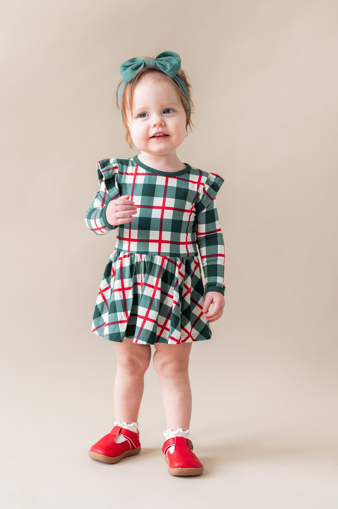 Long Sleeve Twirl Bodysuit Dress in Holiday Plaid