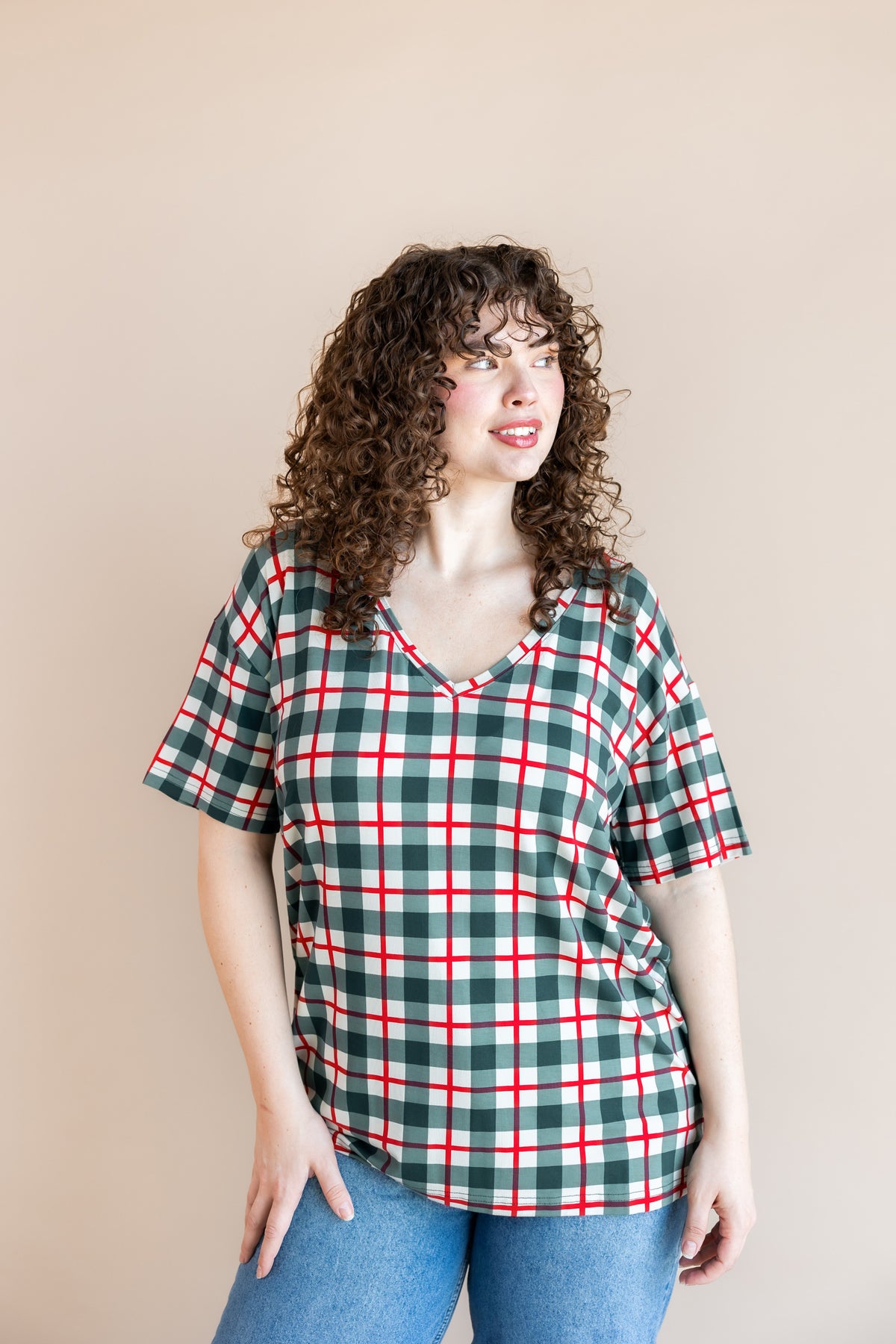 Women's Oversized V-Neck Tee in Holiday Plaid