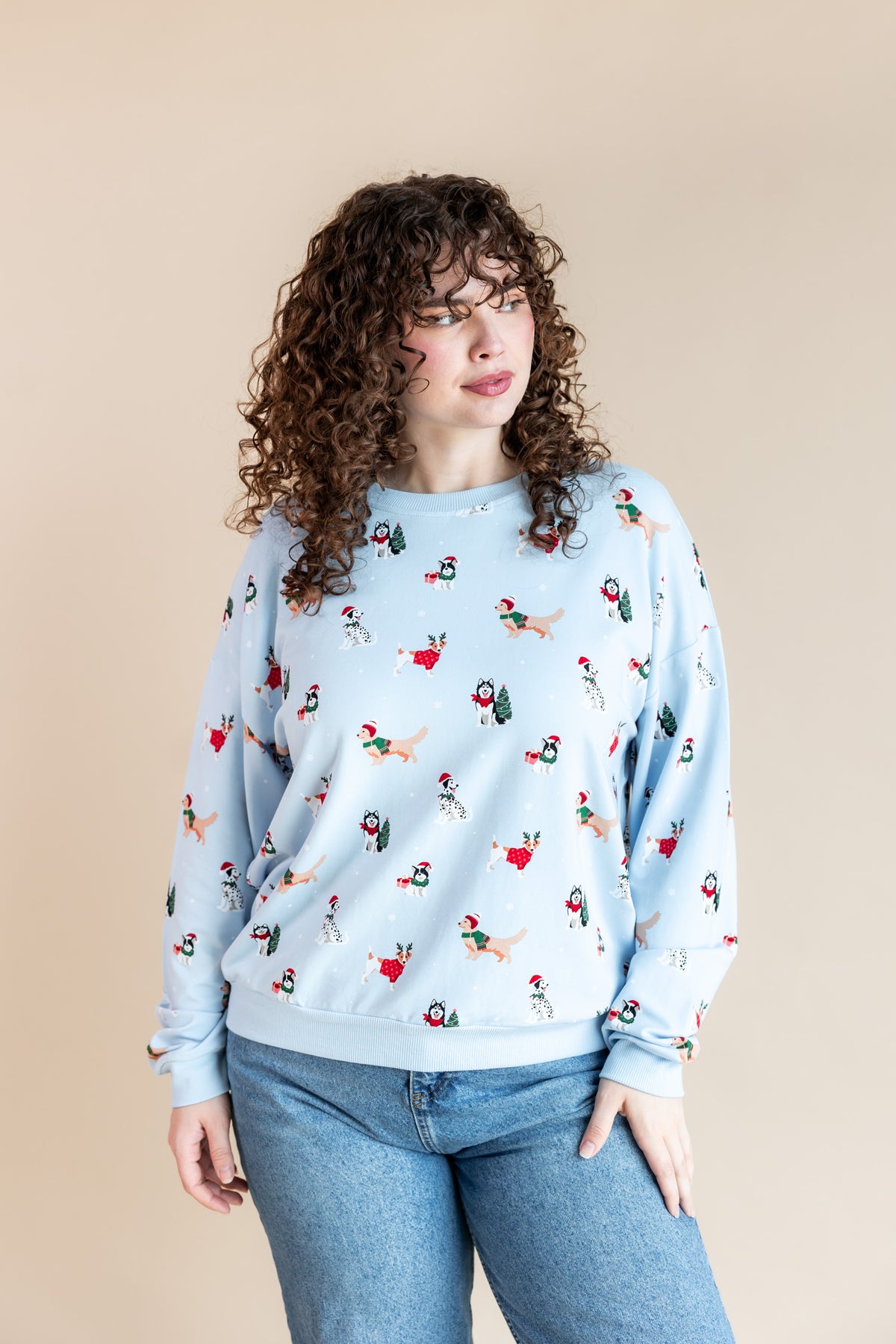 Woman posing in Women's Sweatshirt in Holiday Pups print over blue jeans on a beige background