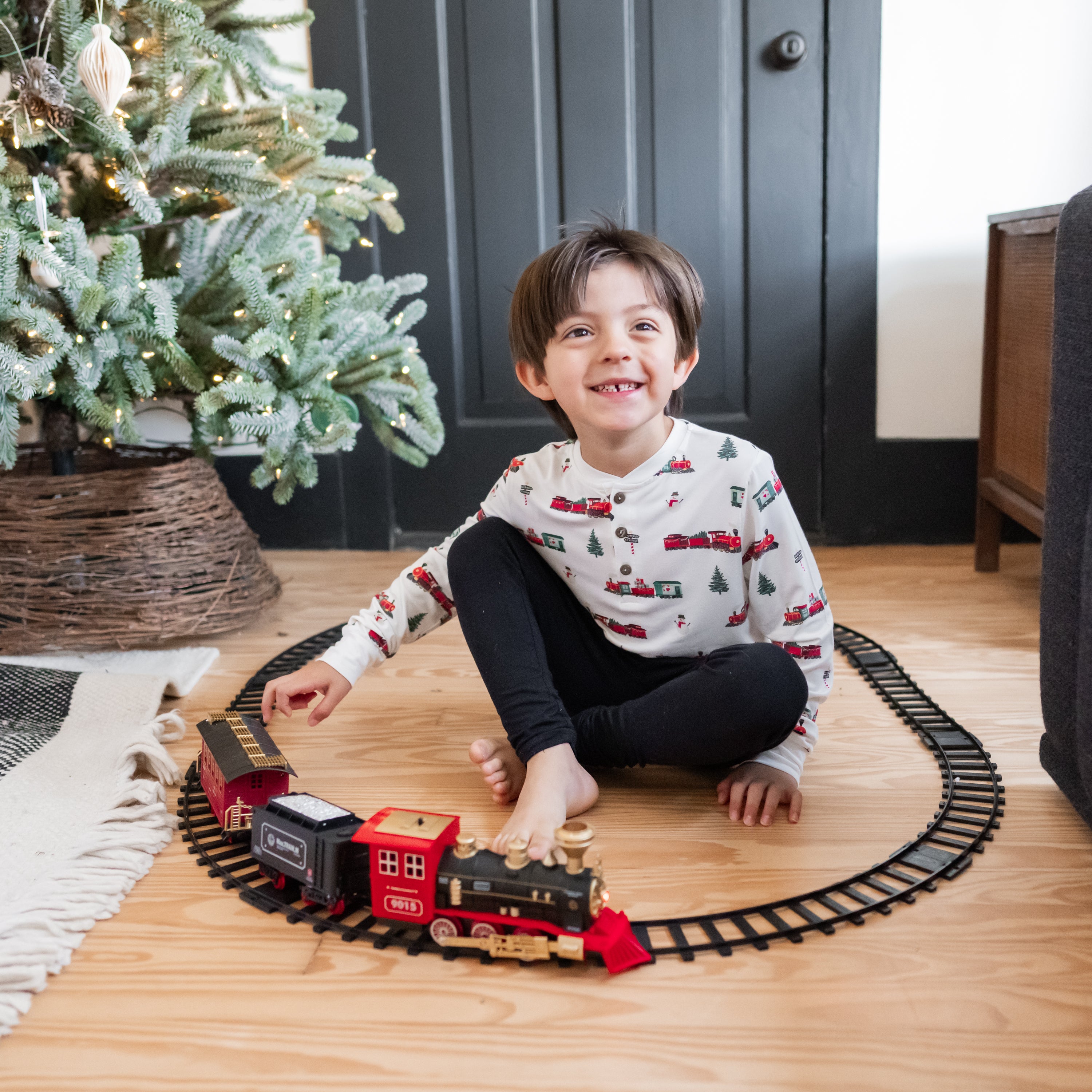 Long Sleeve Toddler Henley Tee in Holiday Train