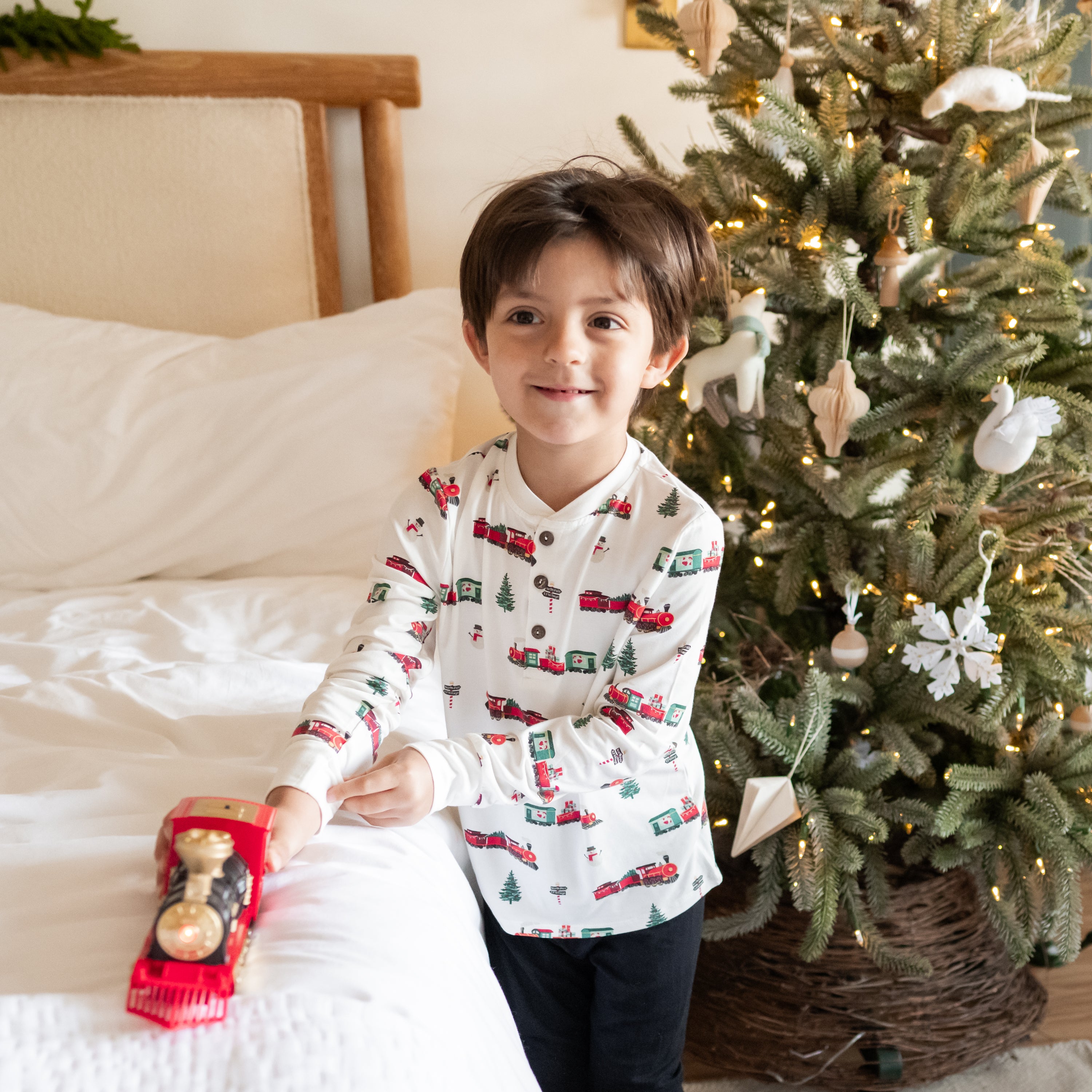 Long Sleeve Toddler Henley Tee in Holiday Train