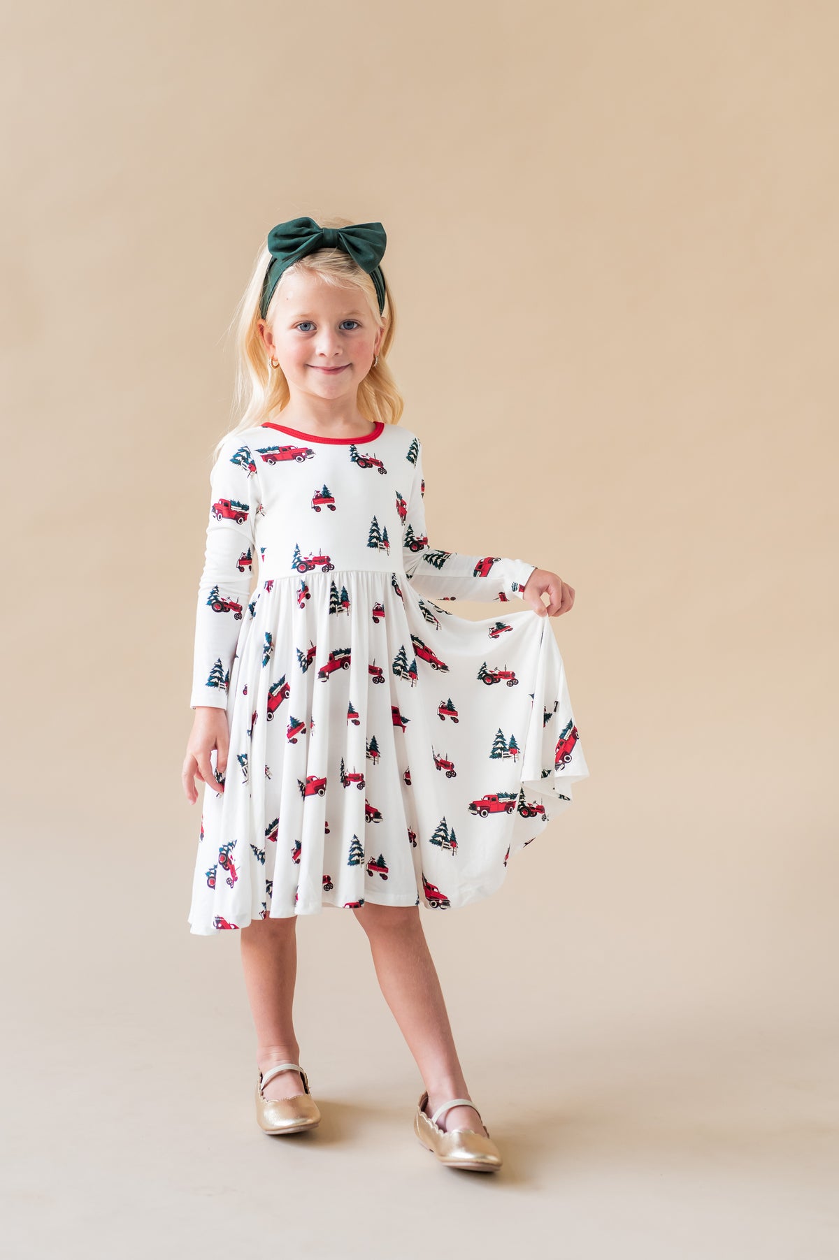 Long Sleeve Twirl Dress in Holiday Tree Farm