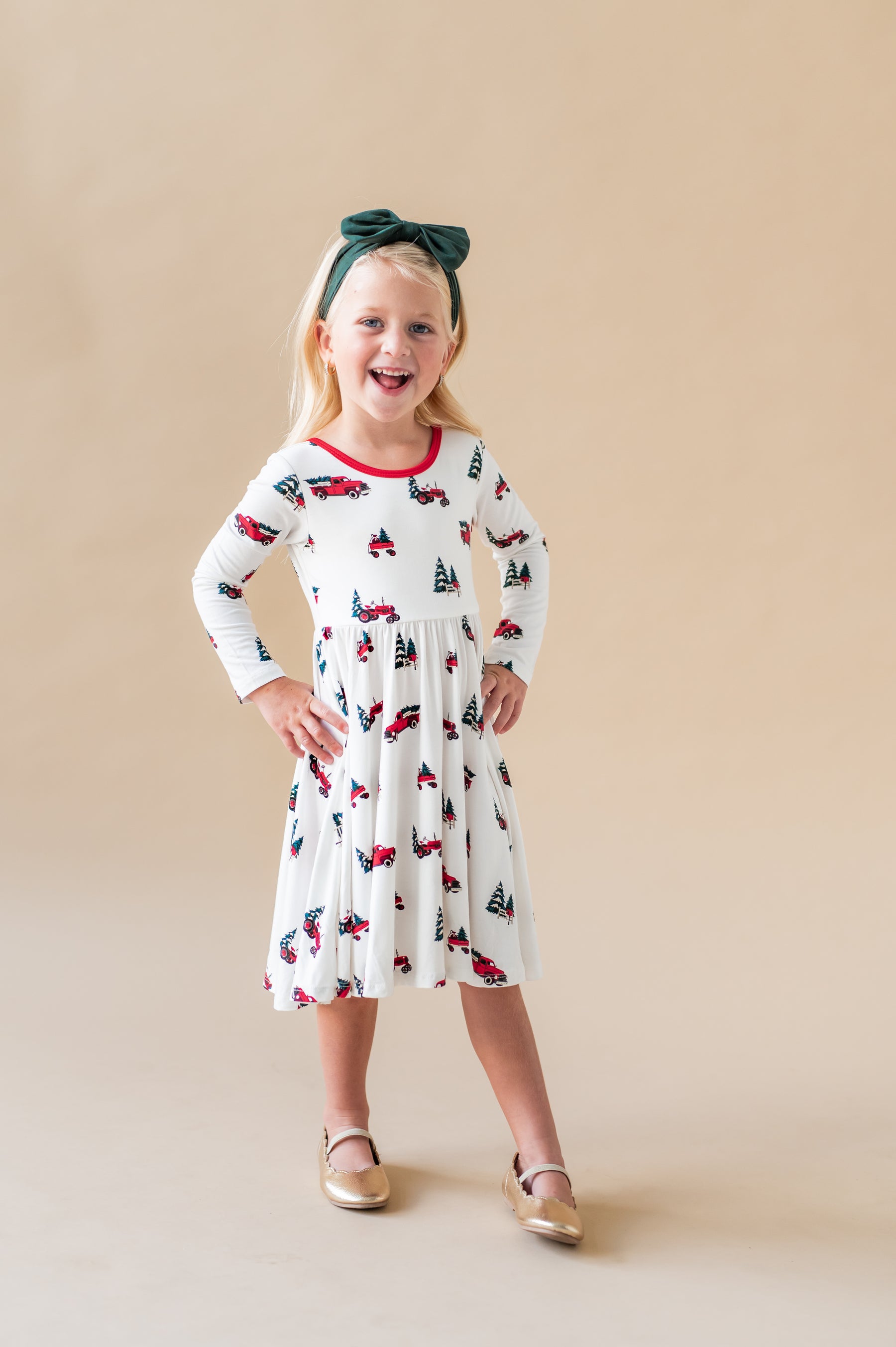 Long Sleeve Twirl Dress in Holiday Tree Farm