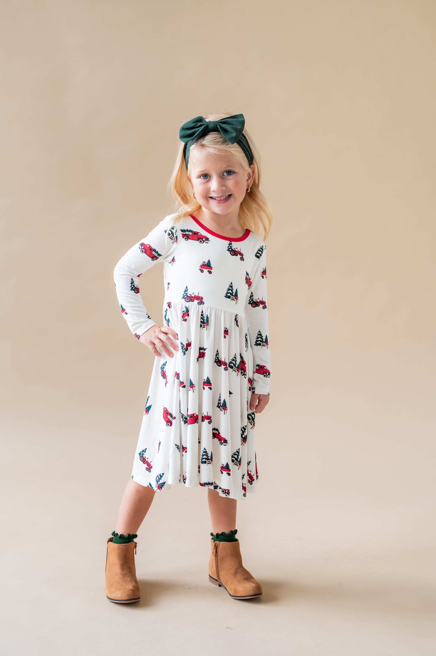 Long Sleeve Twirl Dress in Holiday Tree Farm