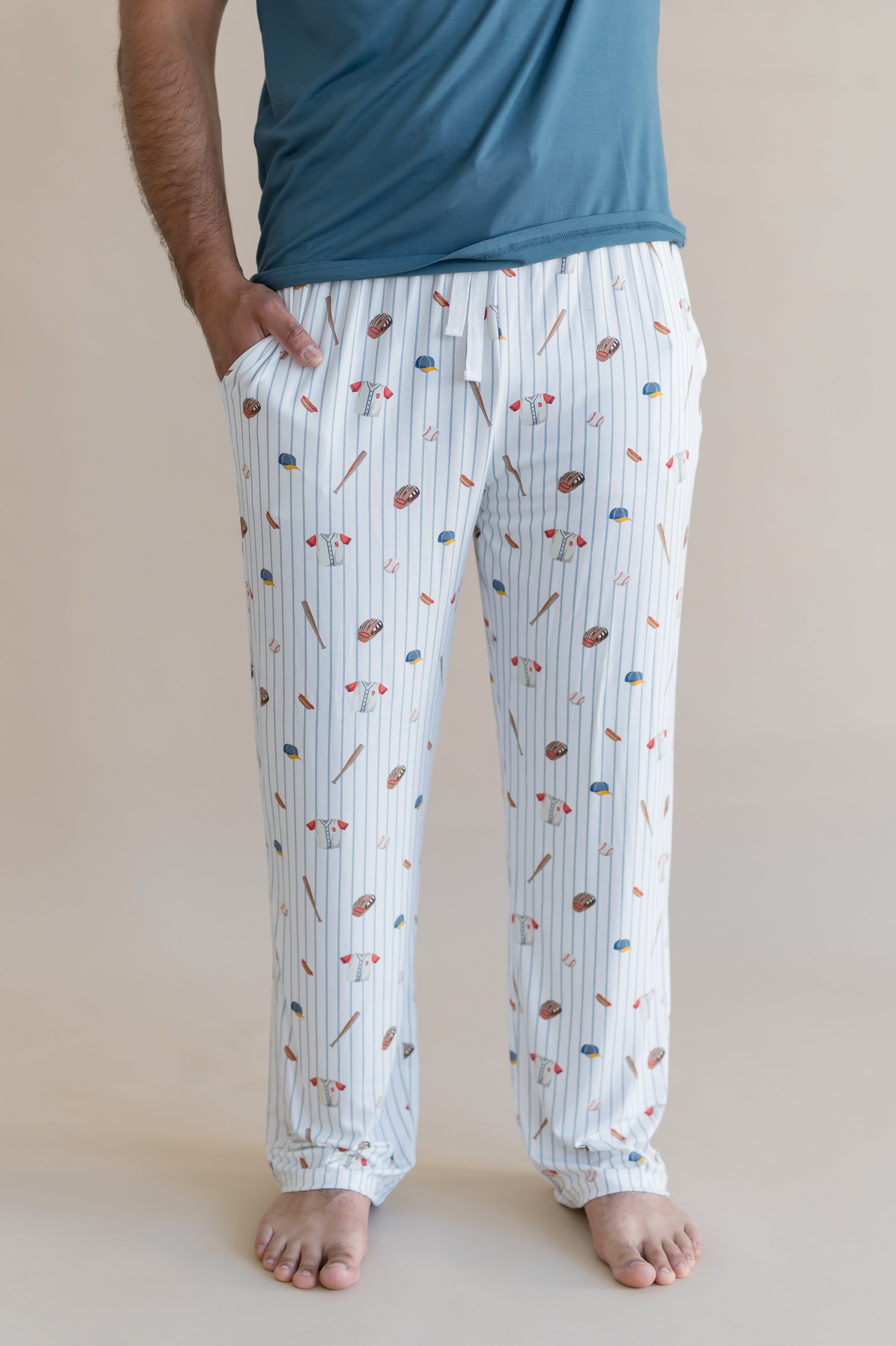 Men's Lounge Pants in Home Run shown on a male model