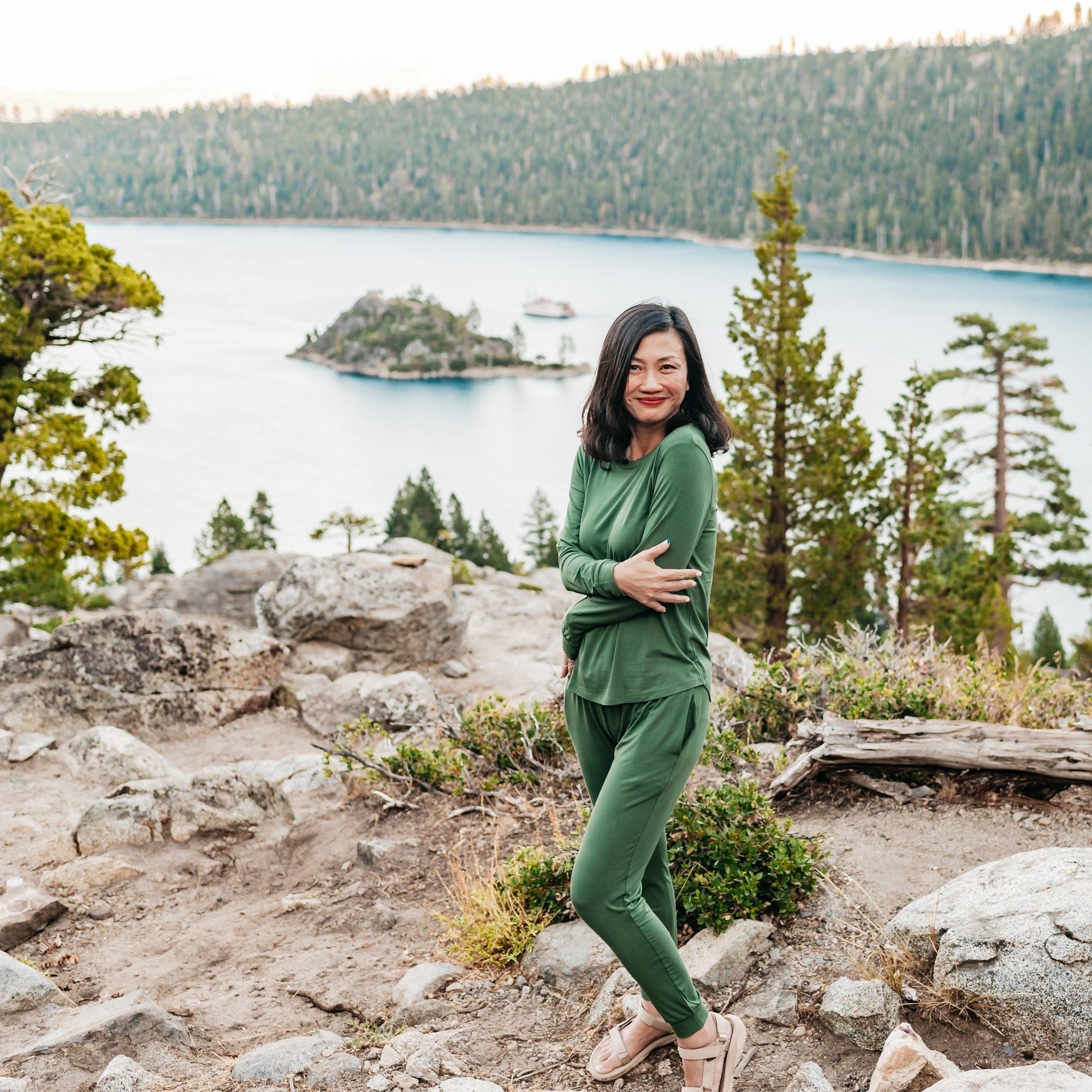 Kyte Baby owner, Ying, modeling jogger pajama set in hunter 