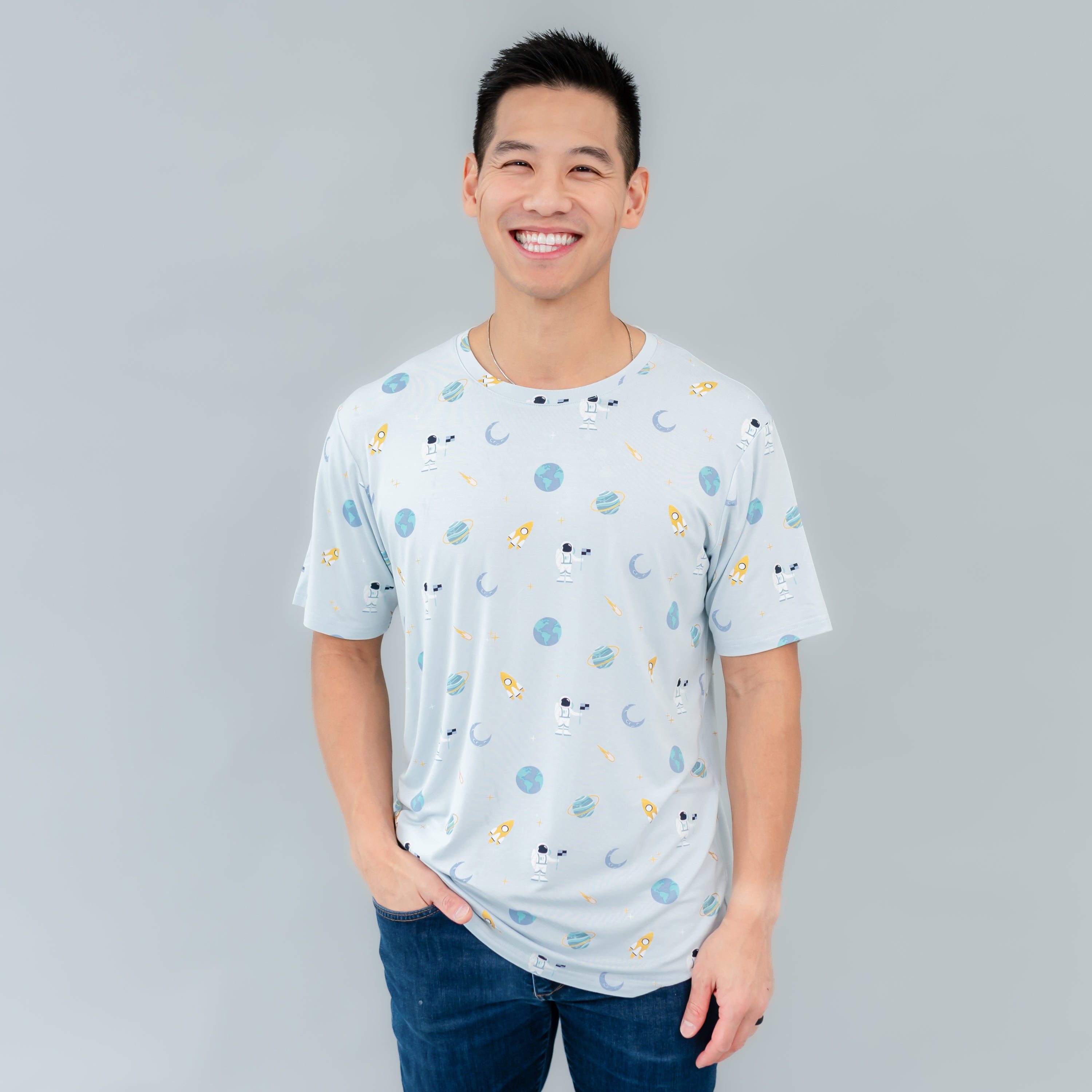 man smiling wearing ice space men's crew neck tee