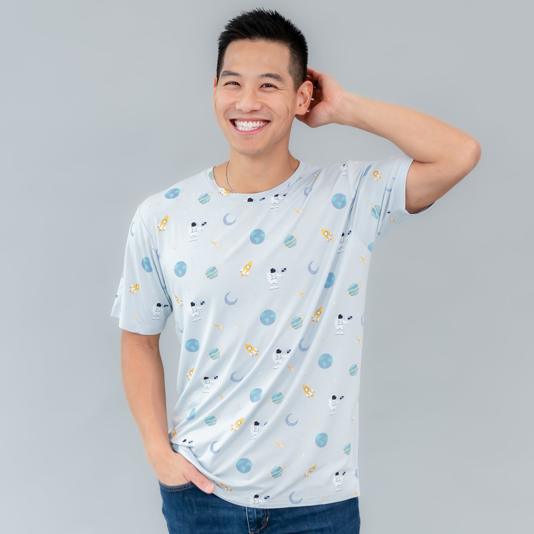 man modeling men's ice space crew neck tee