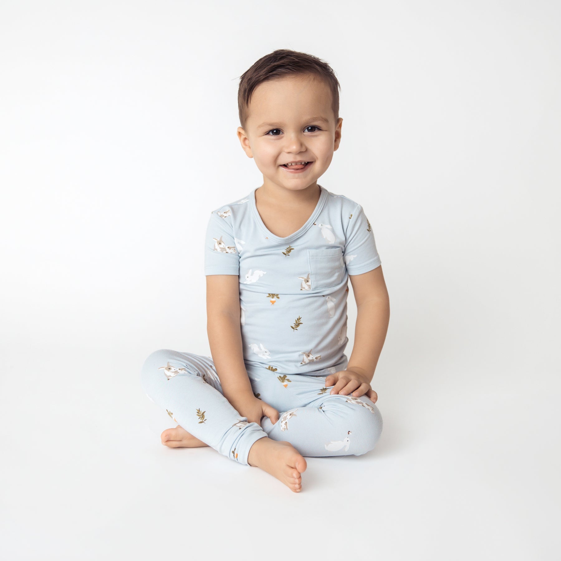 toddler modeling Short Sleeve with Pants Pajamas in Ice Rabbit