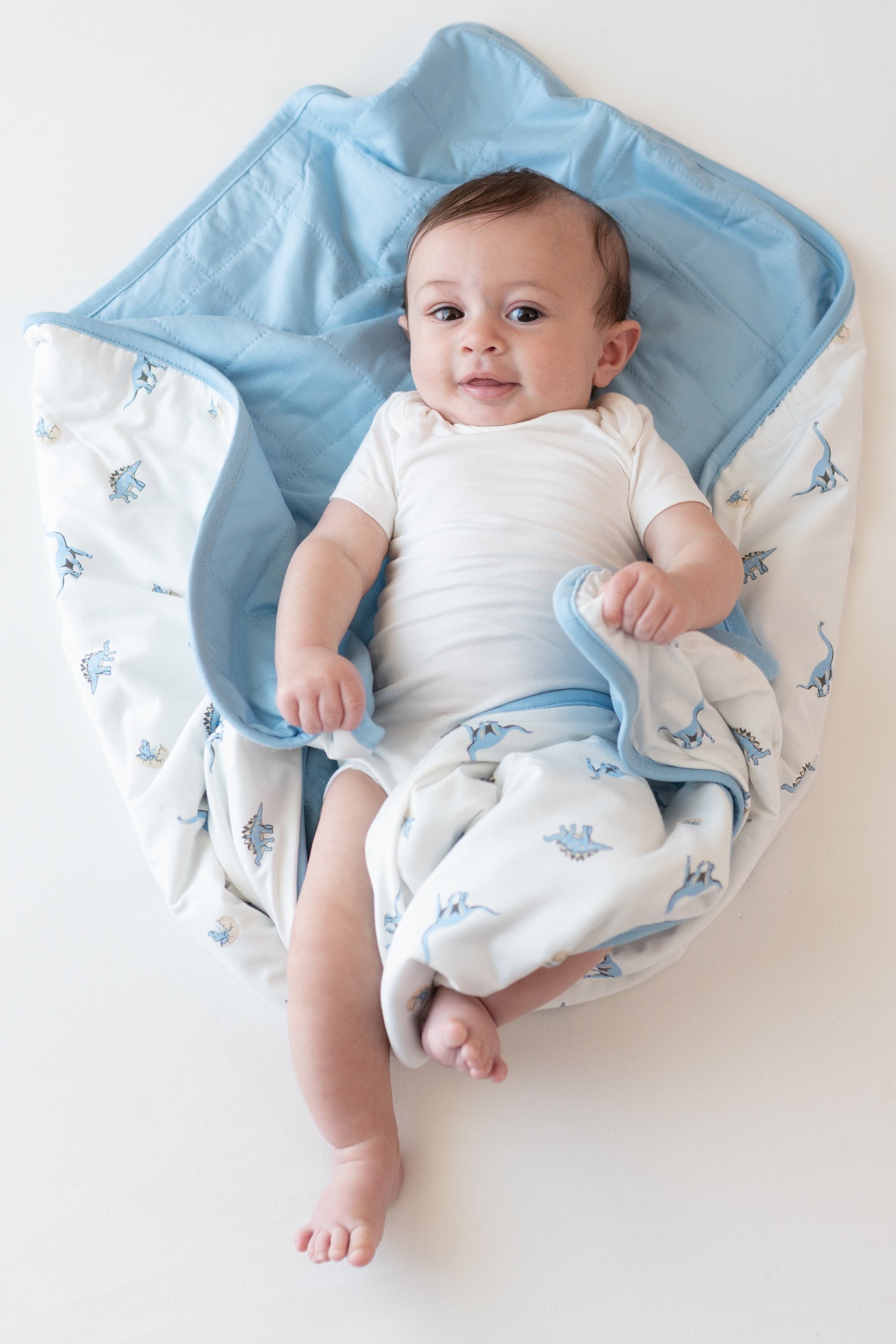 Baby in cloud bodysuit wrapped in Baby Blanket in Jurassic 1.0