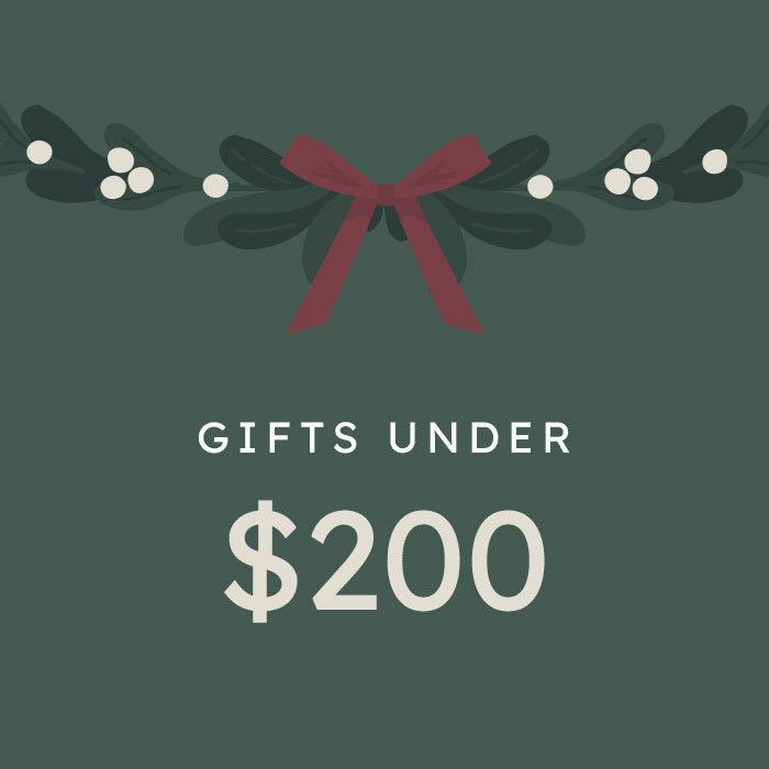 graphic with a greenery garland and text that says gifts under $200 