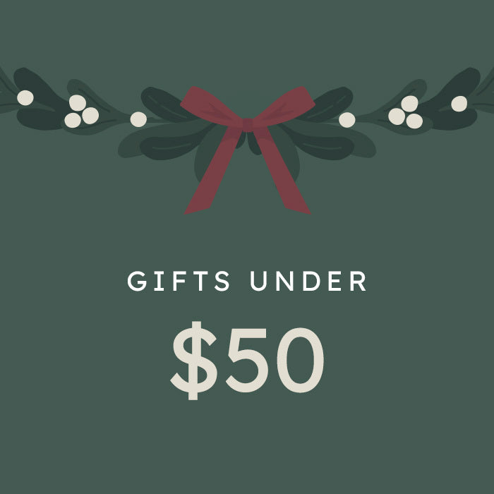 graphic with a greenery garland and text that says gifts under $50