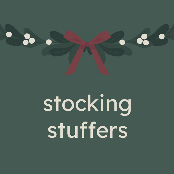 graphic with a greenery garland and text that says stocking stuffers