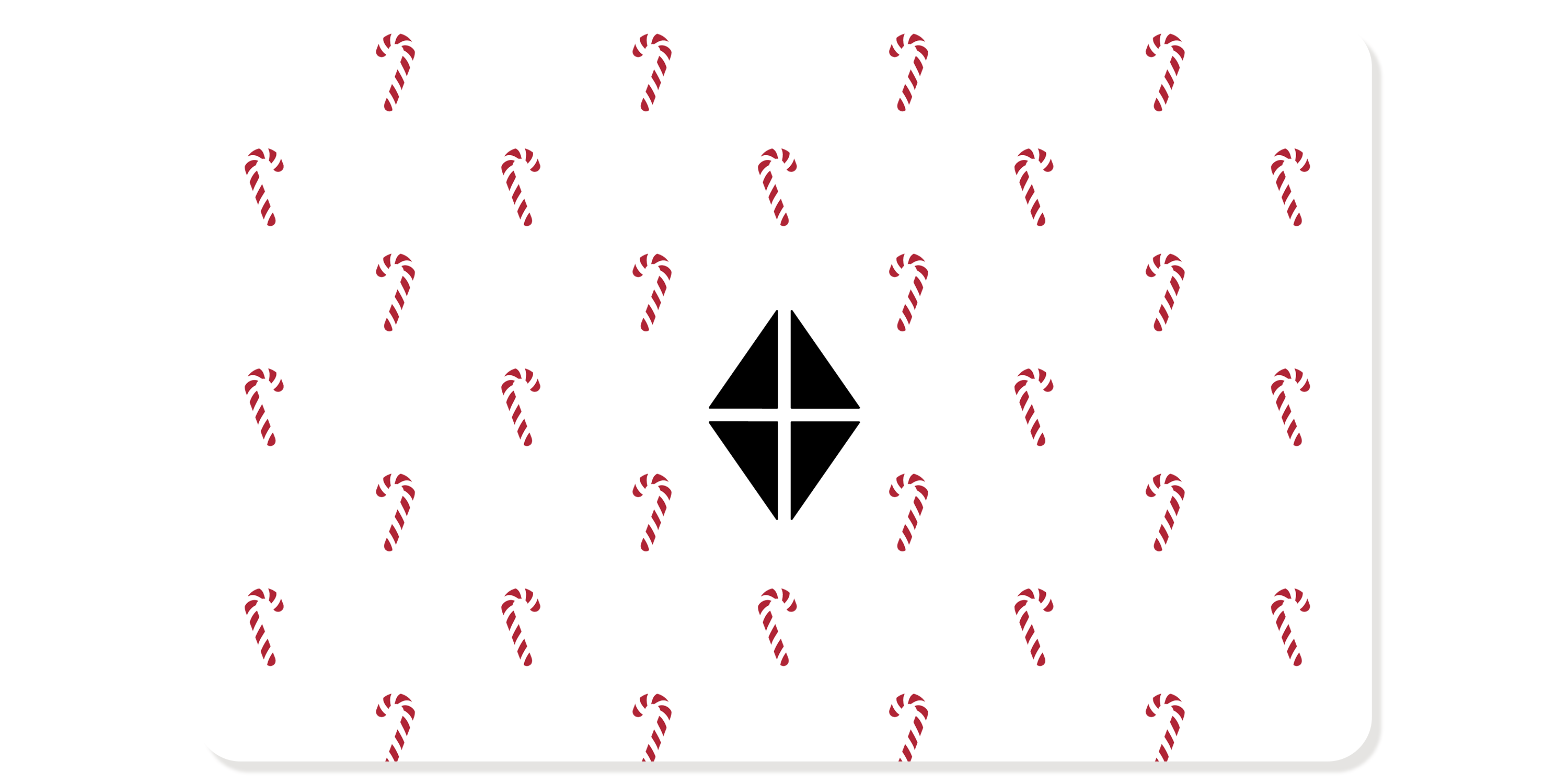 A white rectangular gift card with rounded corners, featuring a repeating pattern of small red-and-white candy canes and a large black Kyte logo in the center.