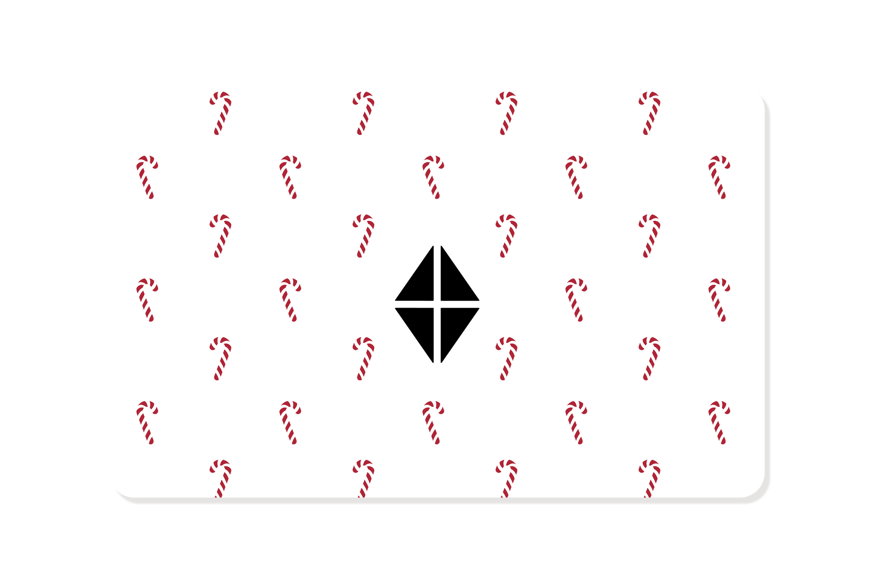A white rectangular gift card with rounded corners, featuring a repeating pattern of small red-and-white candy canes and a large black Kyte logo in the center.