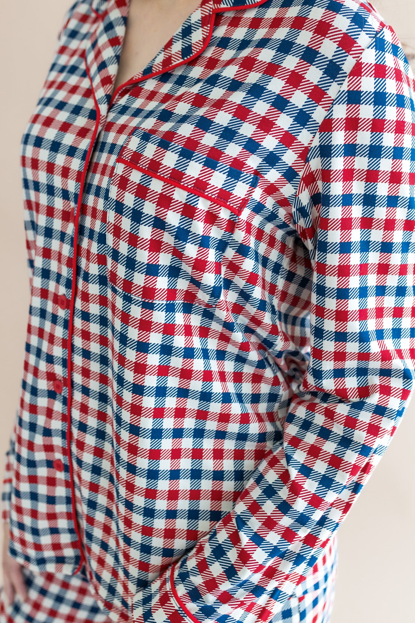 Long-Sleeved Women's Pajama Set Shirt with pocket in red blue and white Patriotic Gingham check print on a beige background