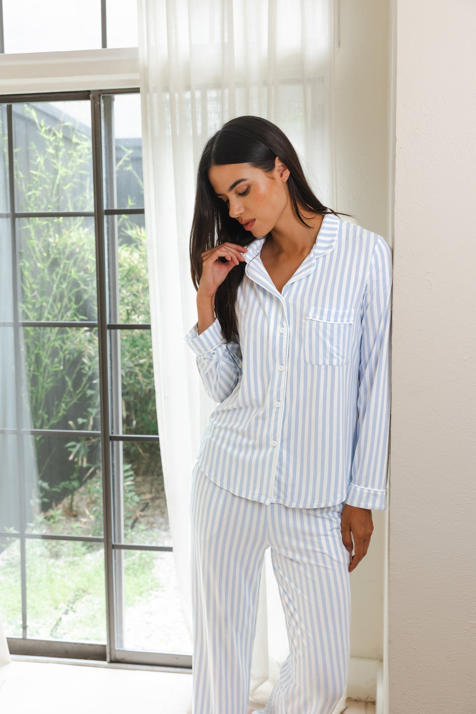 Bamboo Long-Sleeved Women's Pajama Set/Cloud Trim in Small Mist Stripe by Kyte Baby