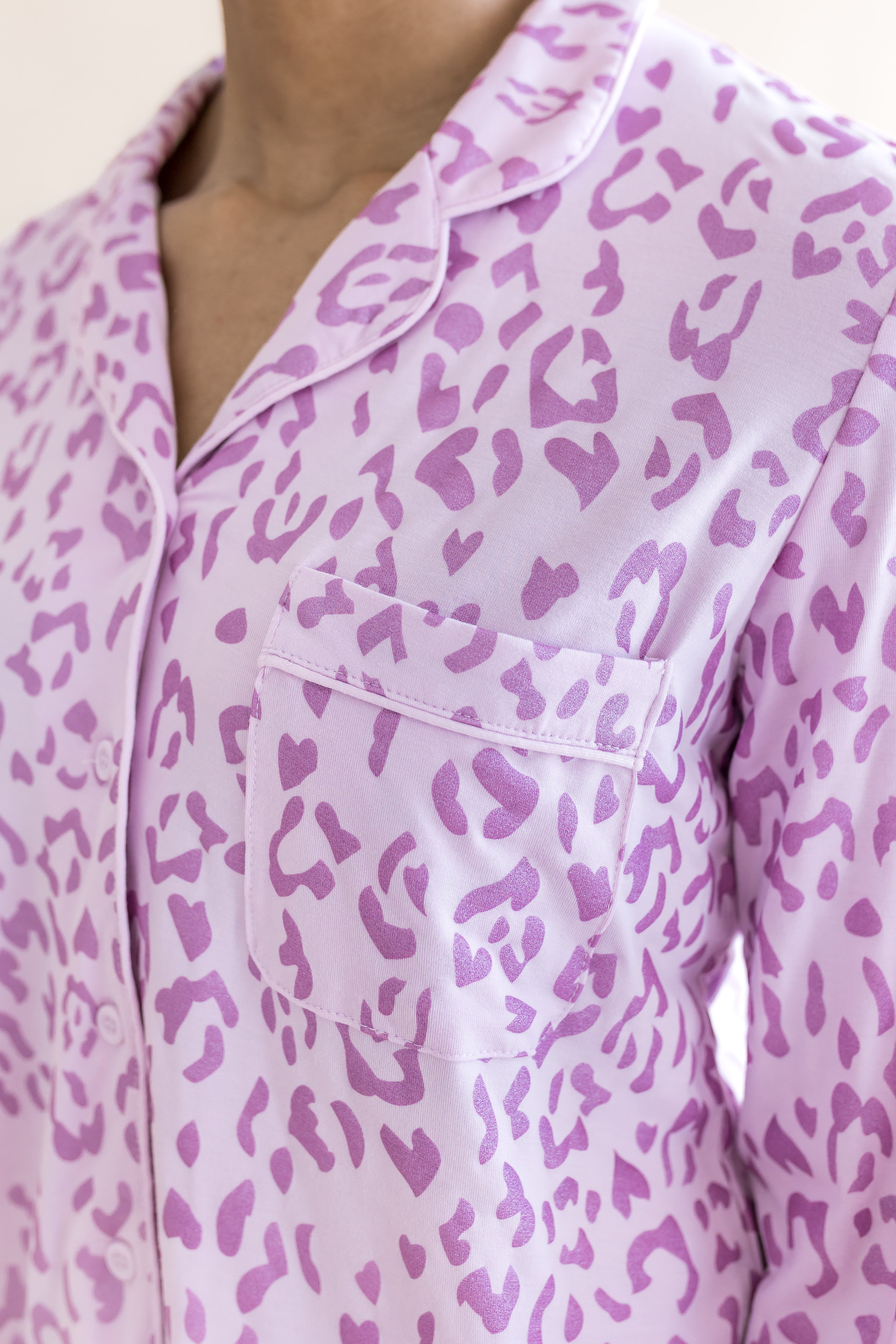 Women's Long Sleeve Pajama Set Shirt with pocket in Thistle Leopard print on a beige background