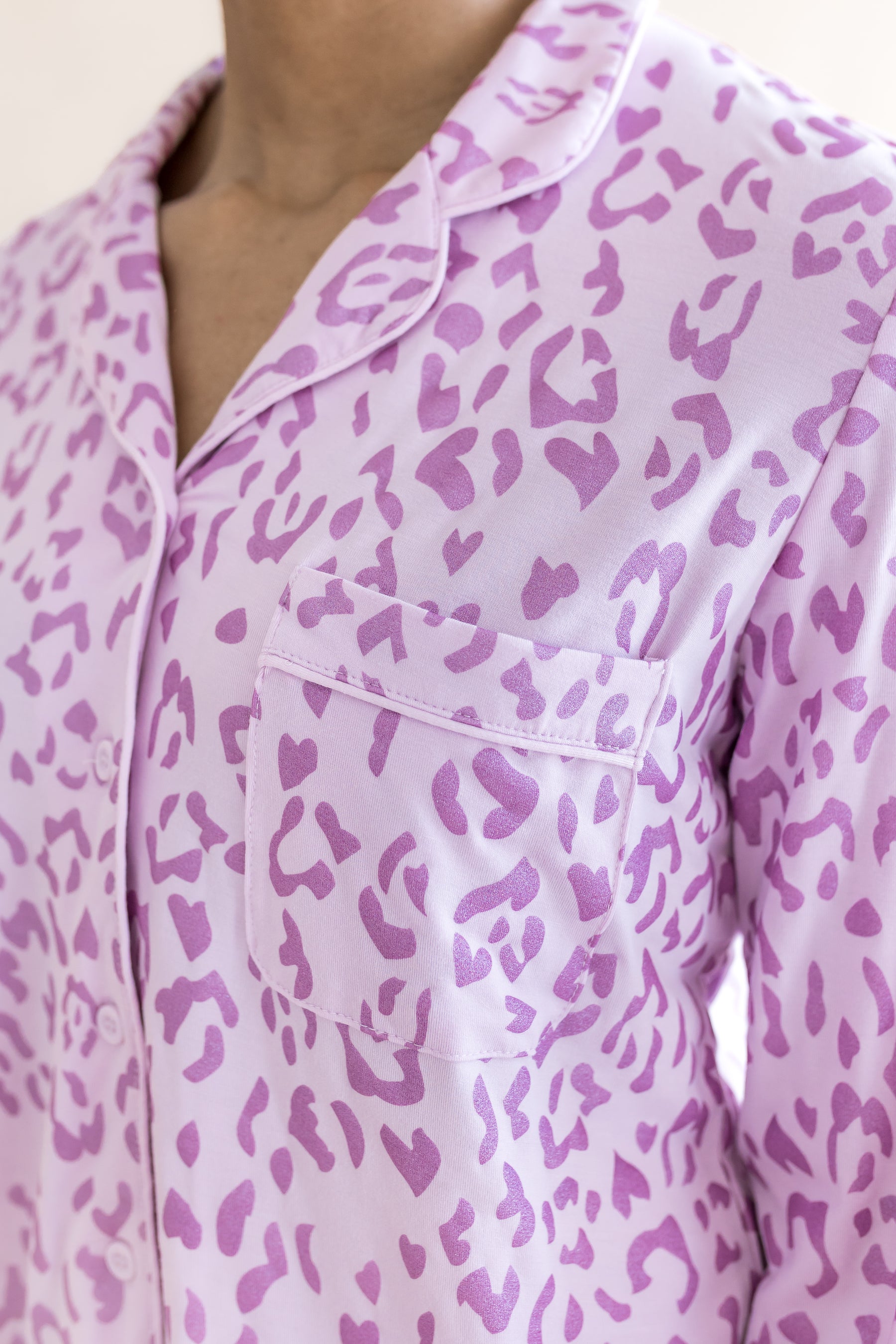 Women's Long Sleeve Pajama Set Shirt with pocket in Thistle Leopard print on a beige background